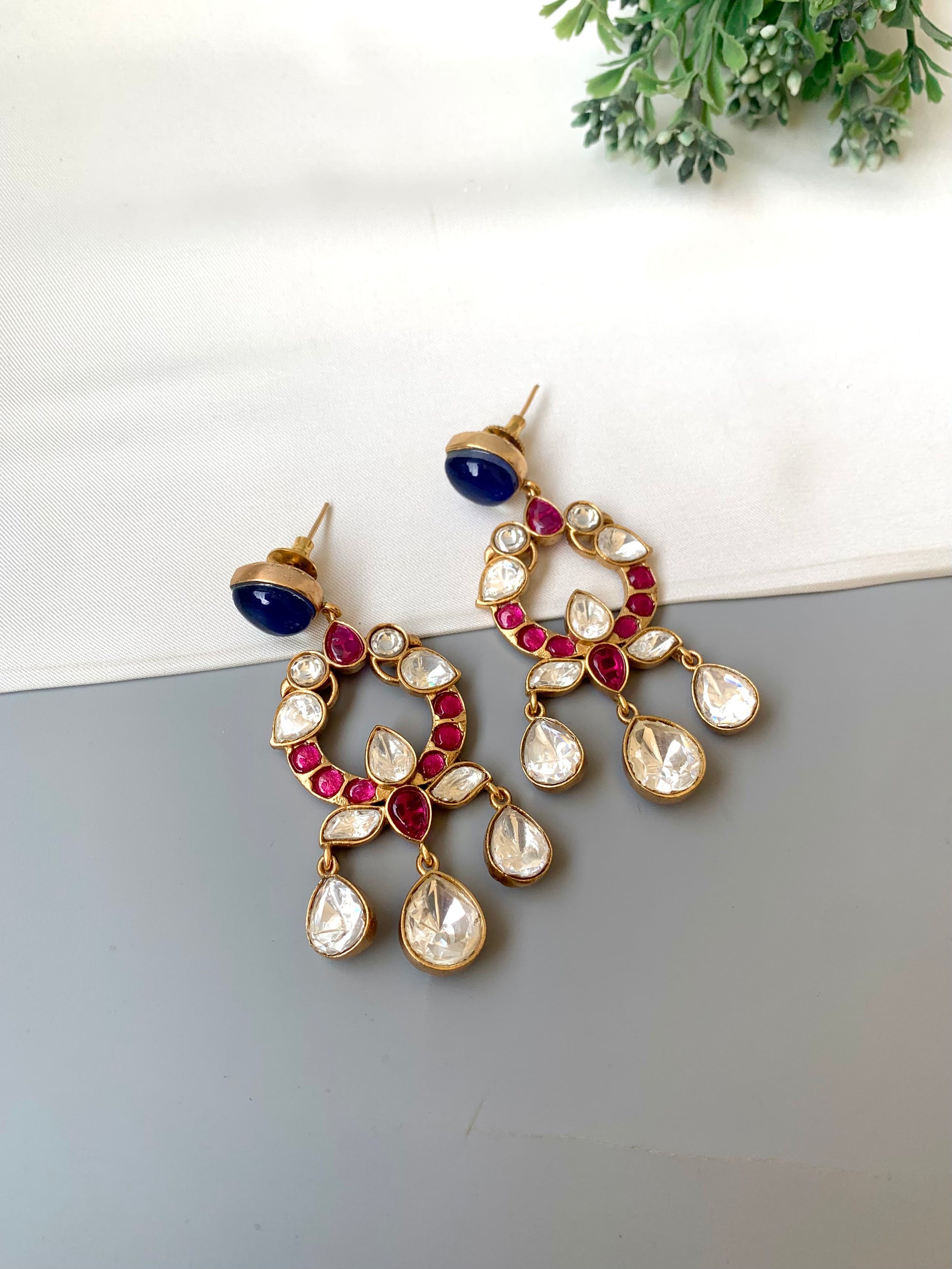Liz ruby sapphire moissanite kundan earrings in victorian gold plating