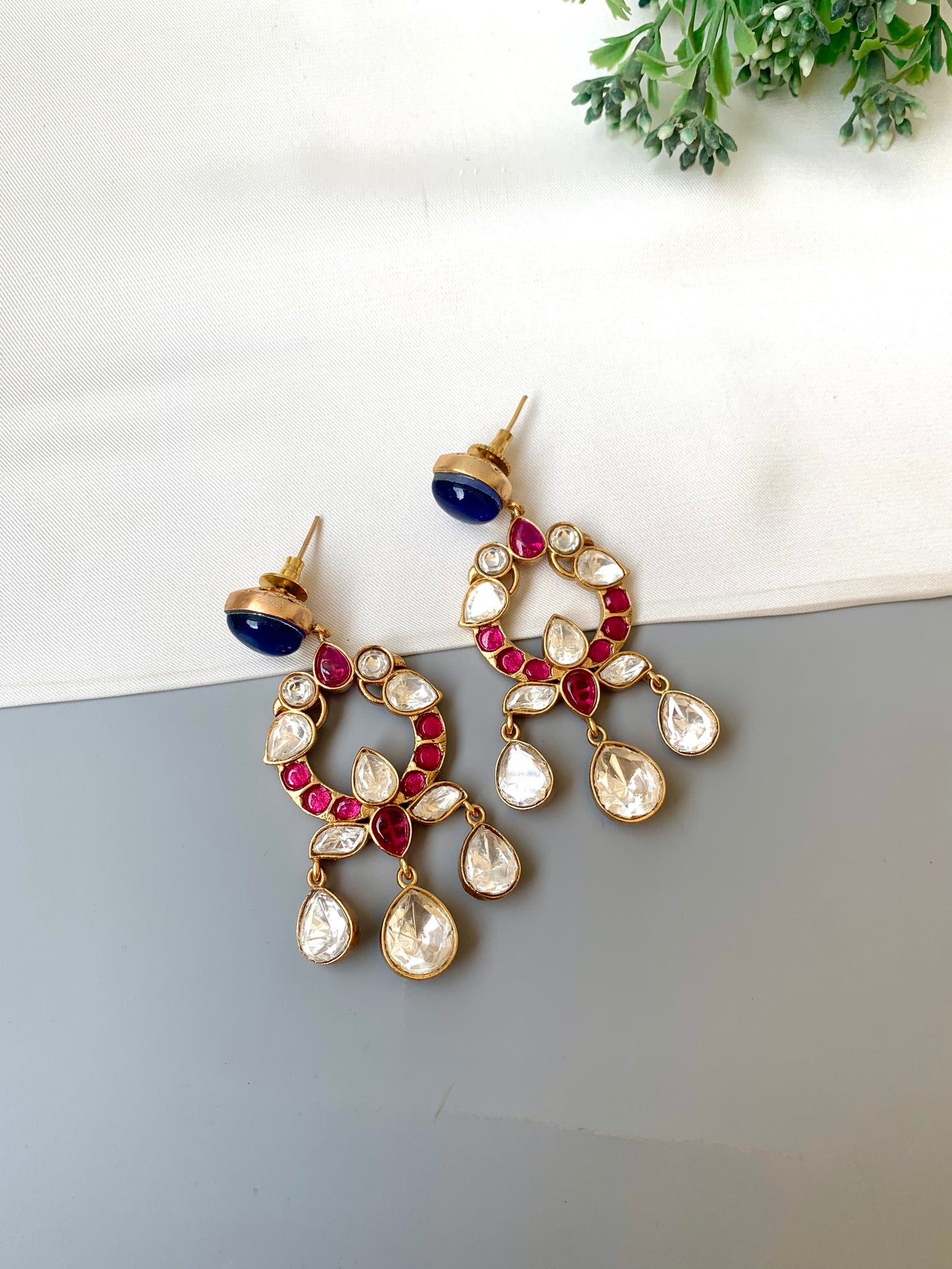 Liz ruby sapphire moissanite kundan earrings in victorian gold plating