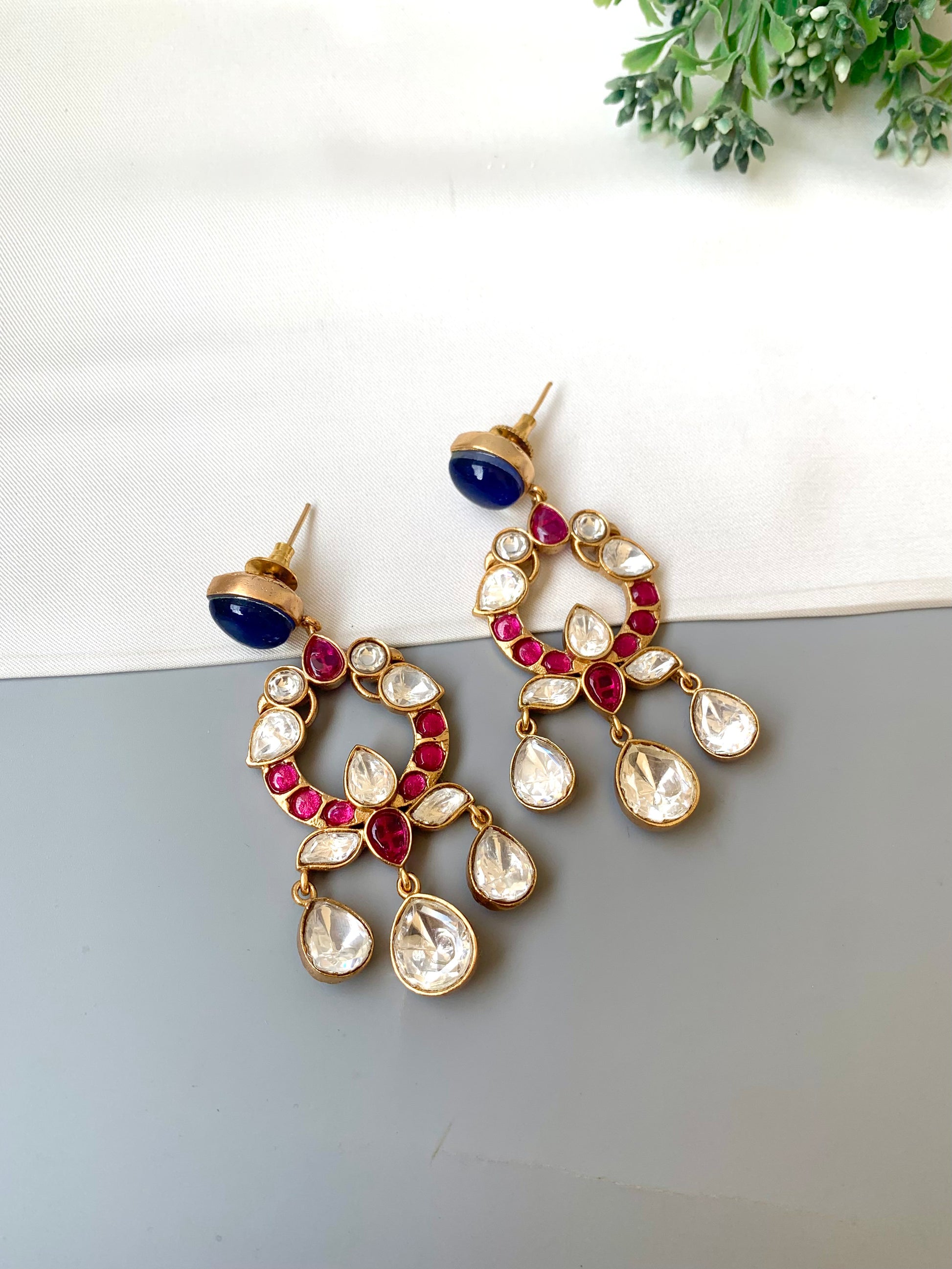 Liz ruby sapphire moissanite kundan earrings in victorian gold plating