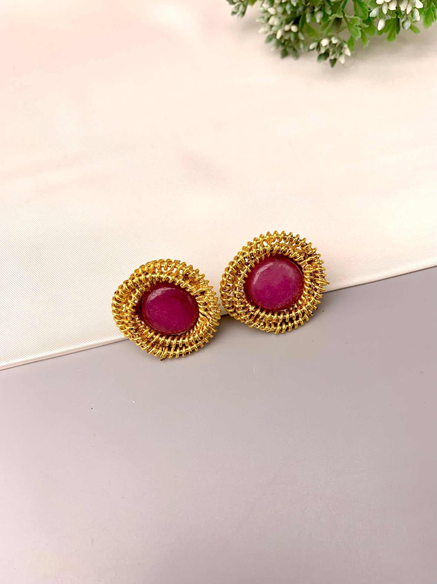 Lucia handcrafted ruby studs in 22kt gold plating with semi precious ruby stones