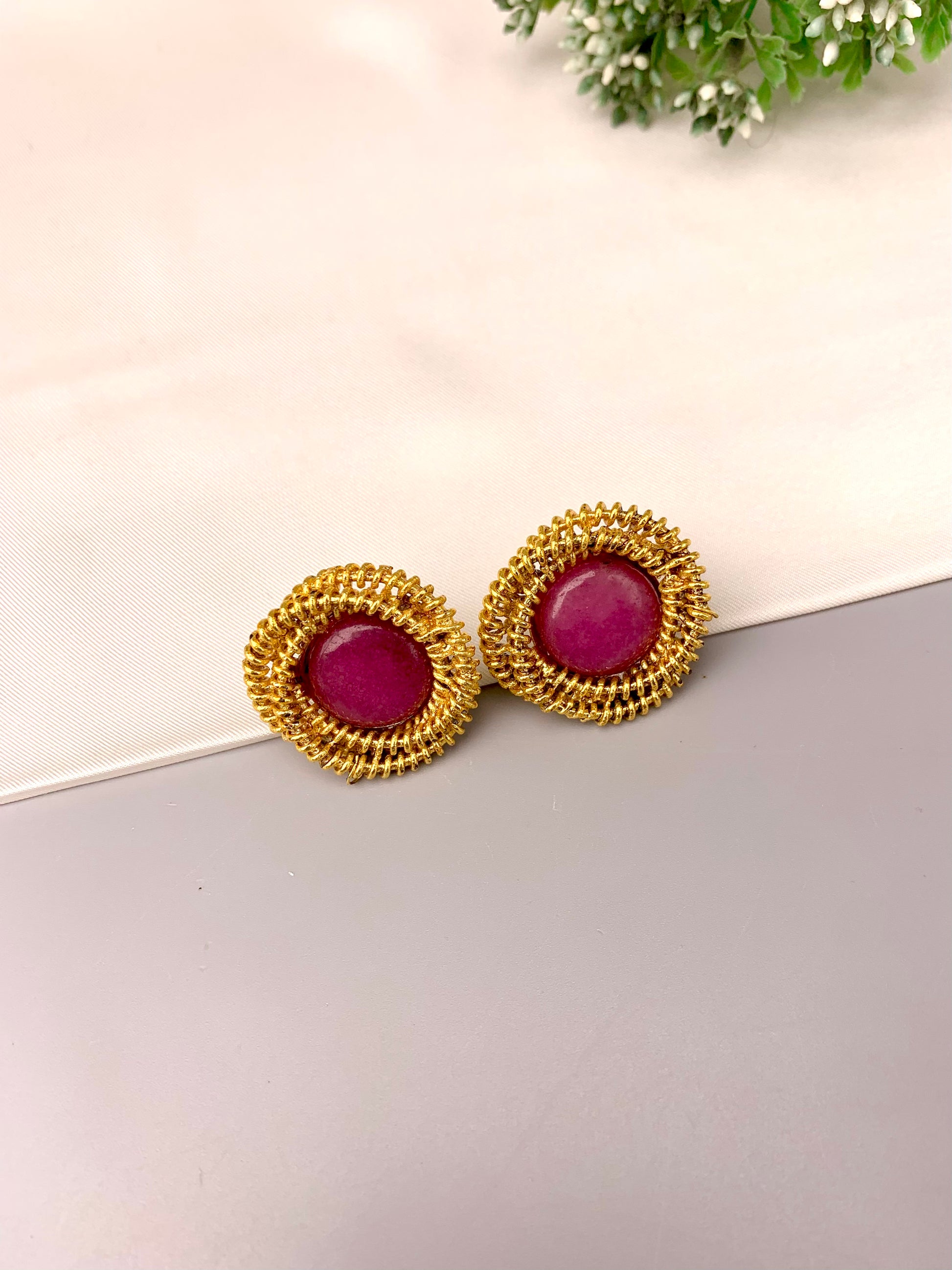 Lucia handcrafted ruby studs in 22kt gold plating with semi precious ruby stones