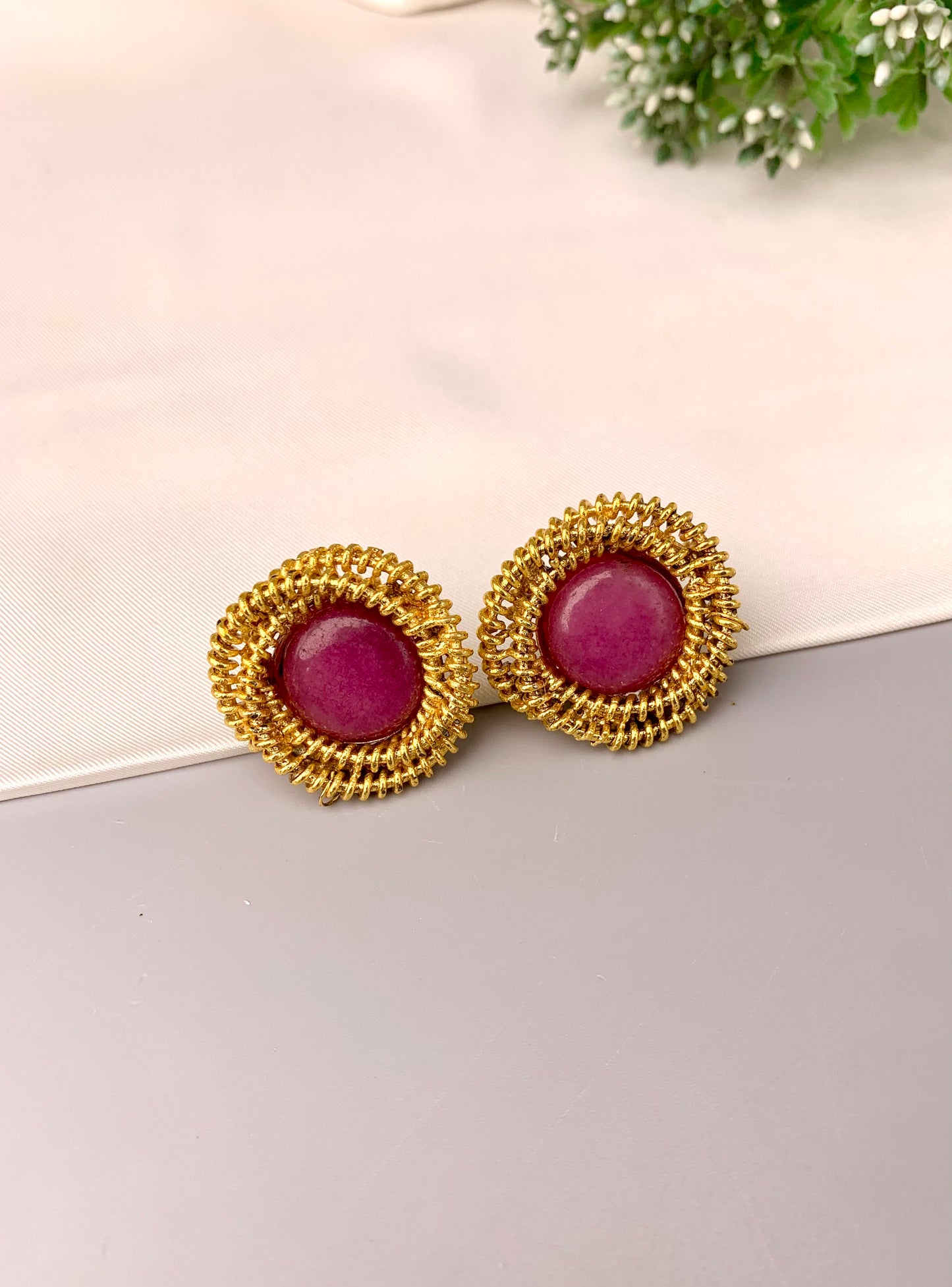Lucia handcrafted ruby studs in 22kt gold plating with semi precious ruby stones