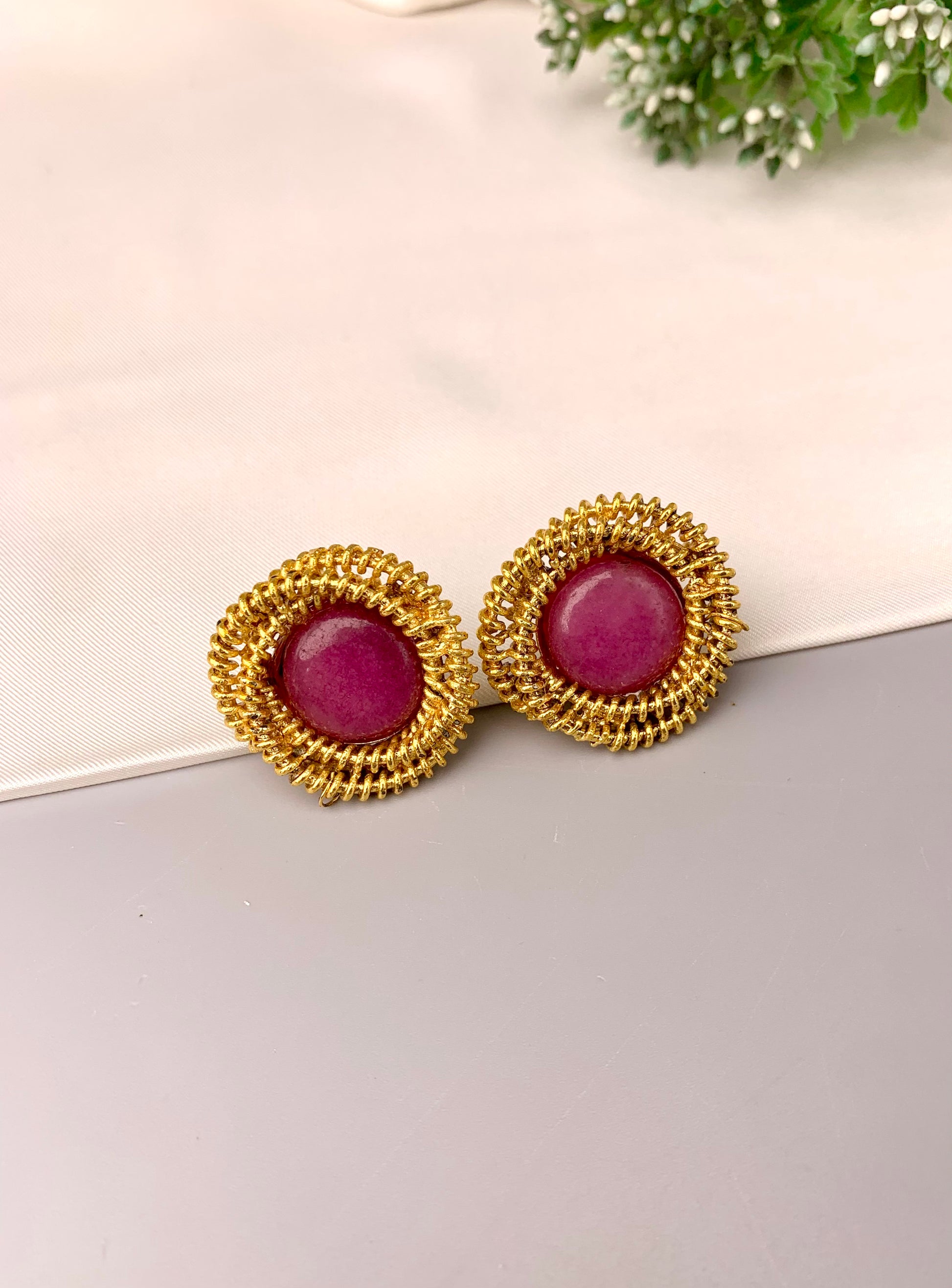 Lucia handcrafted ruby studs in 22kt gold plating with semi precious ruby stones