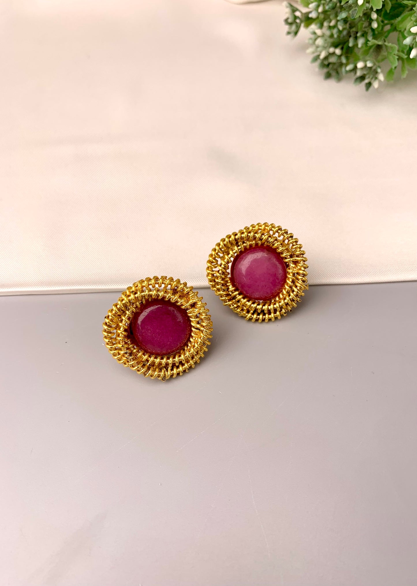 Lucia handcrafted ruby studs in 22kt gold plating with semi precious ruby stones
