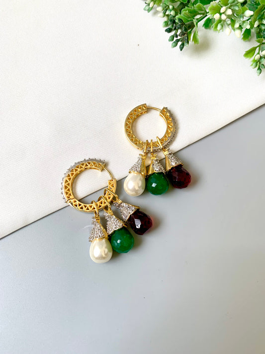 Luna Convertible Hoop Earrings with pearl, emerald, and ruby drops on textured gold hoops with American Diamonds