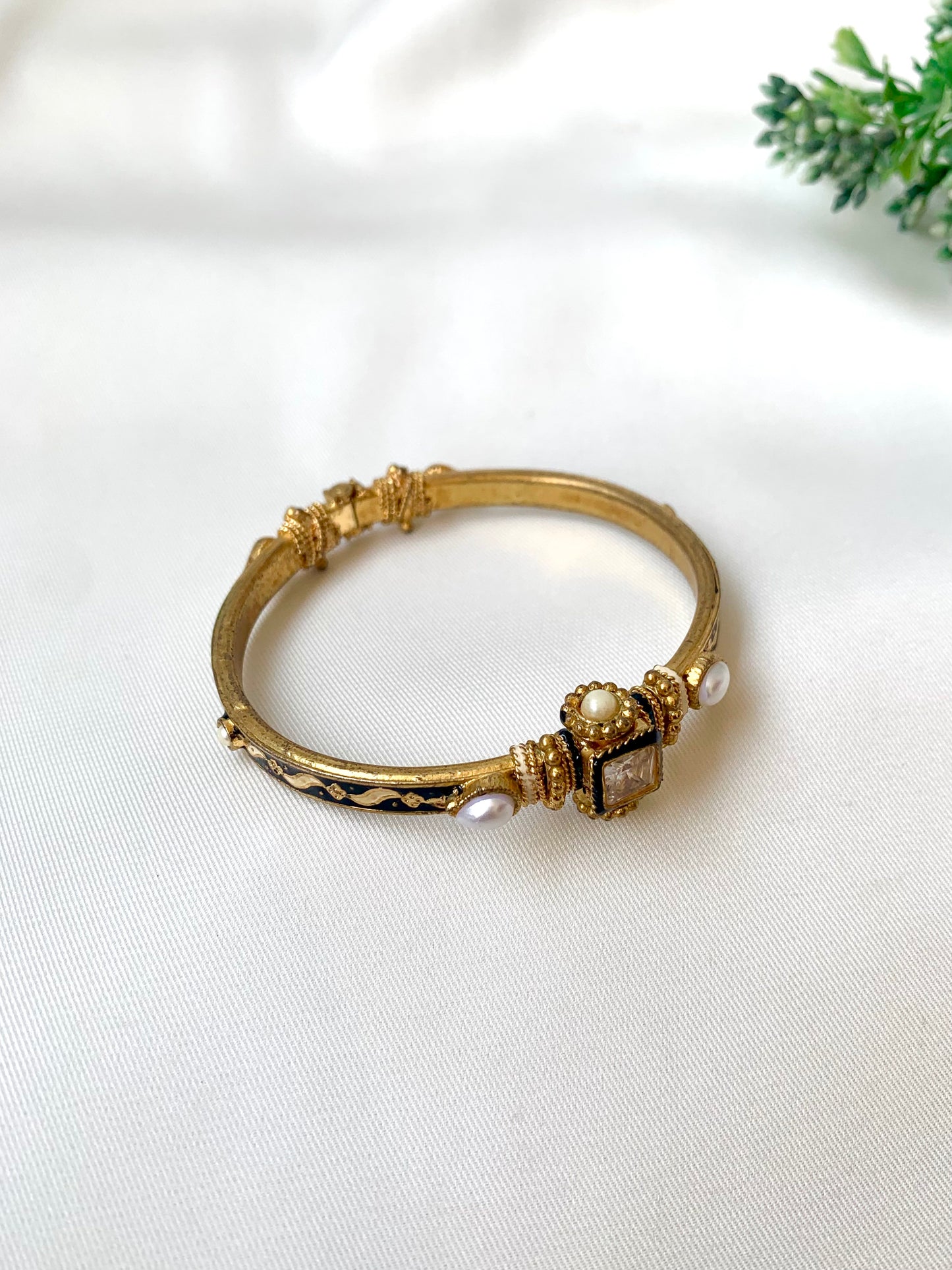 Madhu kundan meena pearl bangle in 22kt gold plating with openable screw design