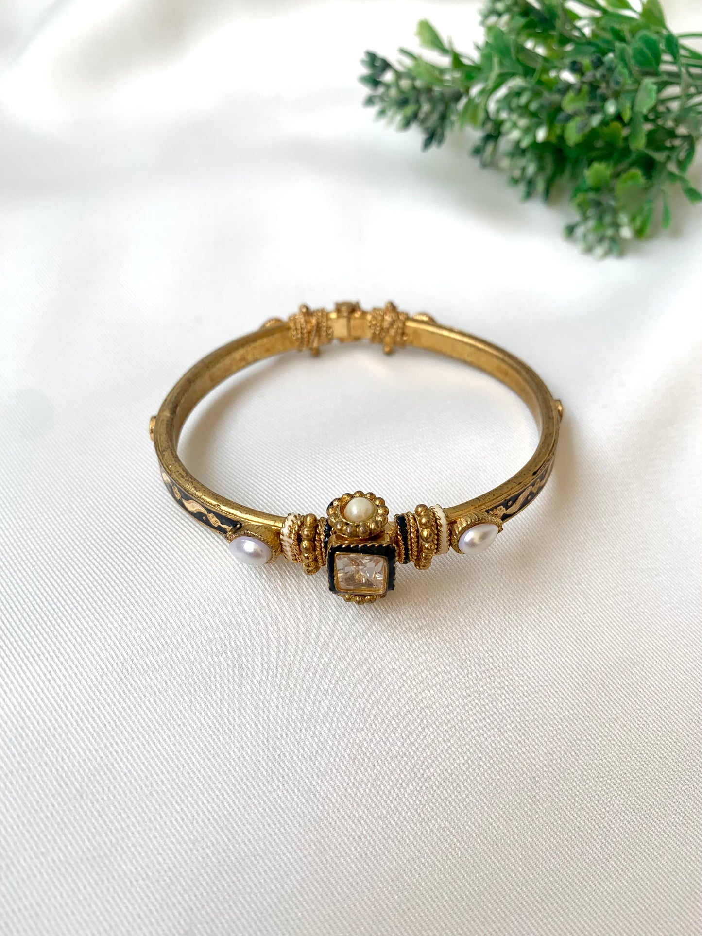 Madhu kundan meena pearl bangle in 22kt gold plating with openable screw design