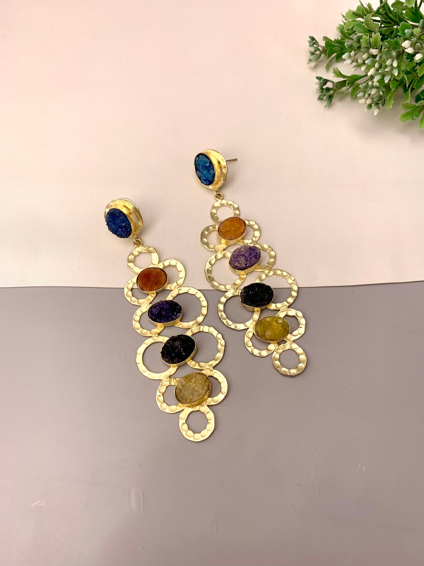 Maha handcrafted 22kt gold plated beaten brass earrings with semi-precious natural Druzee stones