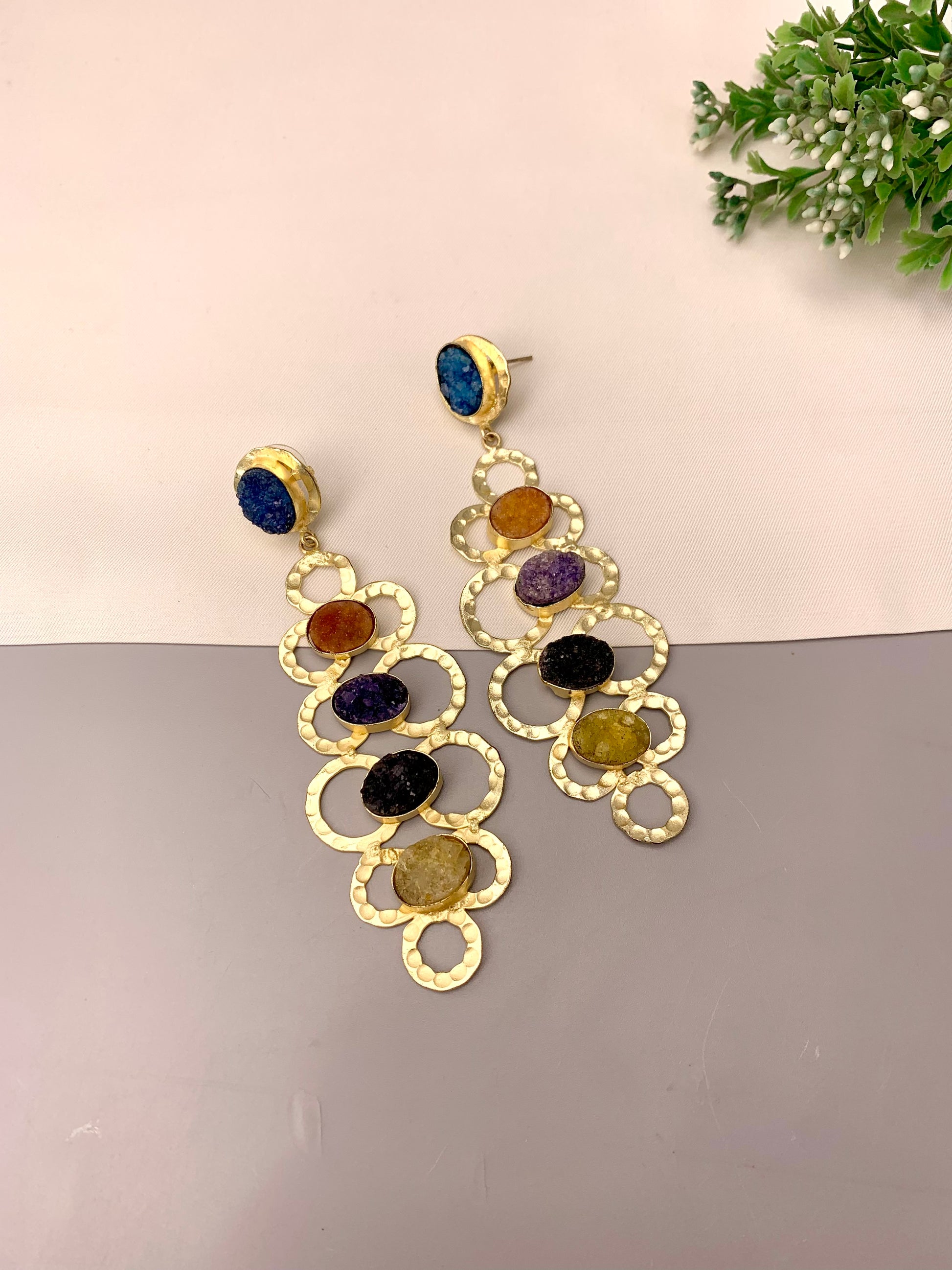 Maha handcrafted 22kt gold plated beaten brass earrings with semi-precious natural Druzee stones