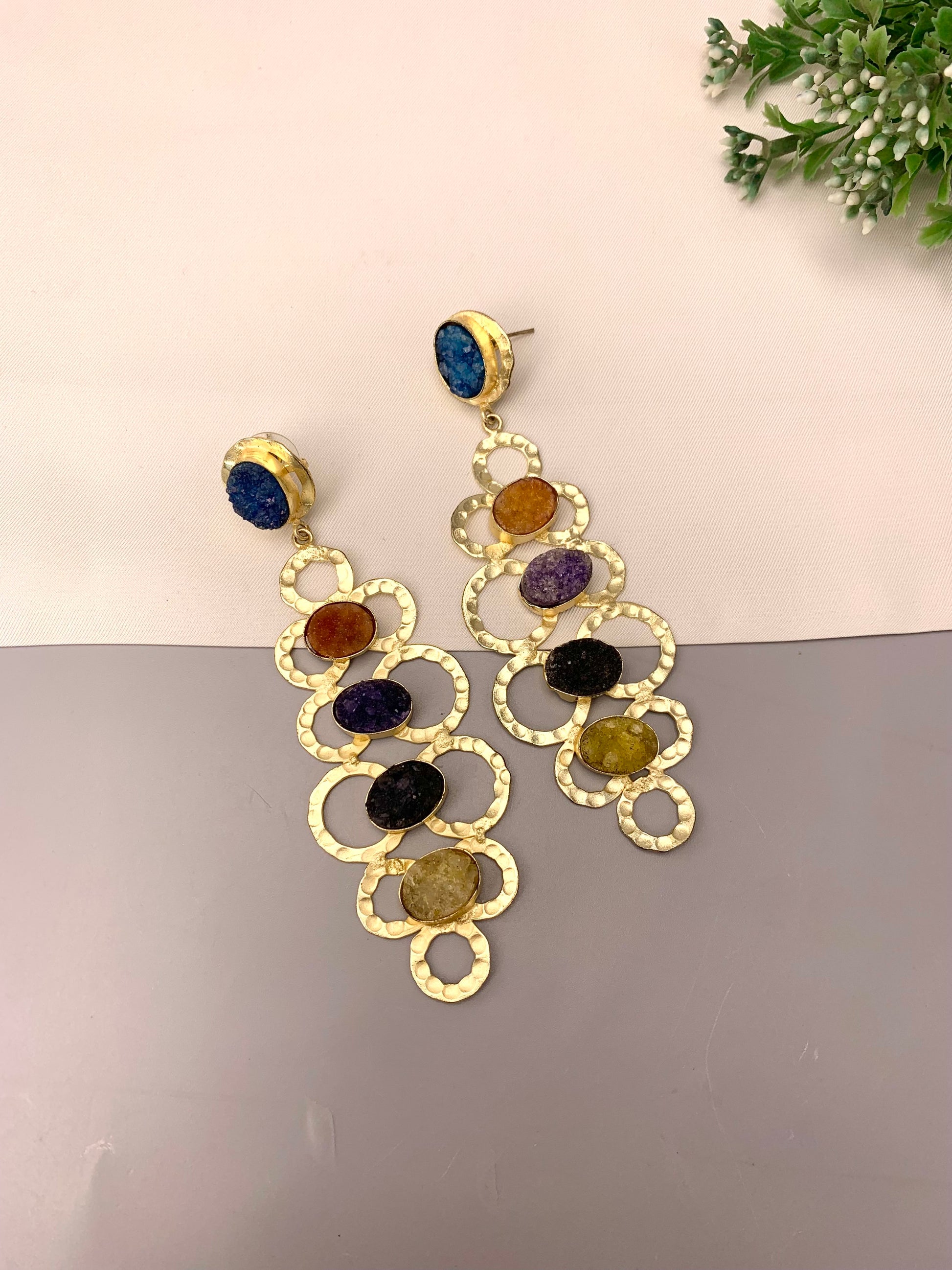Maha handcrafted 22kt gold plated beaten brass earrings with semi-precious natural Druzee stones