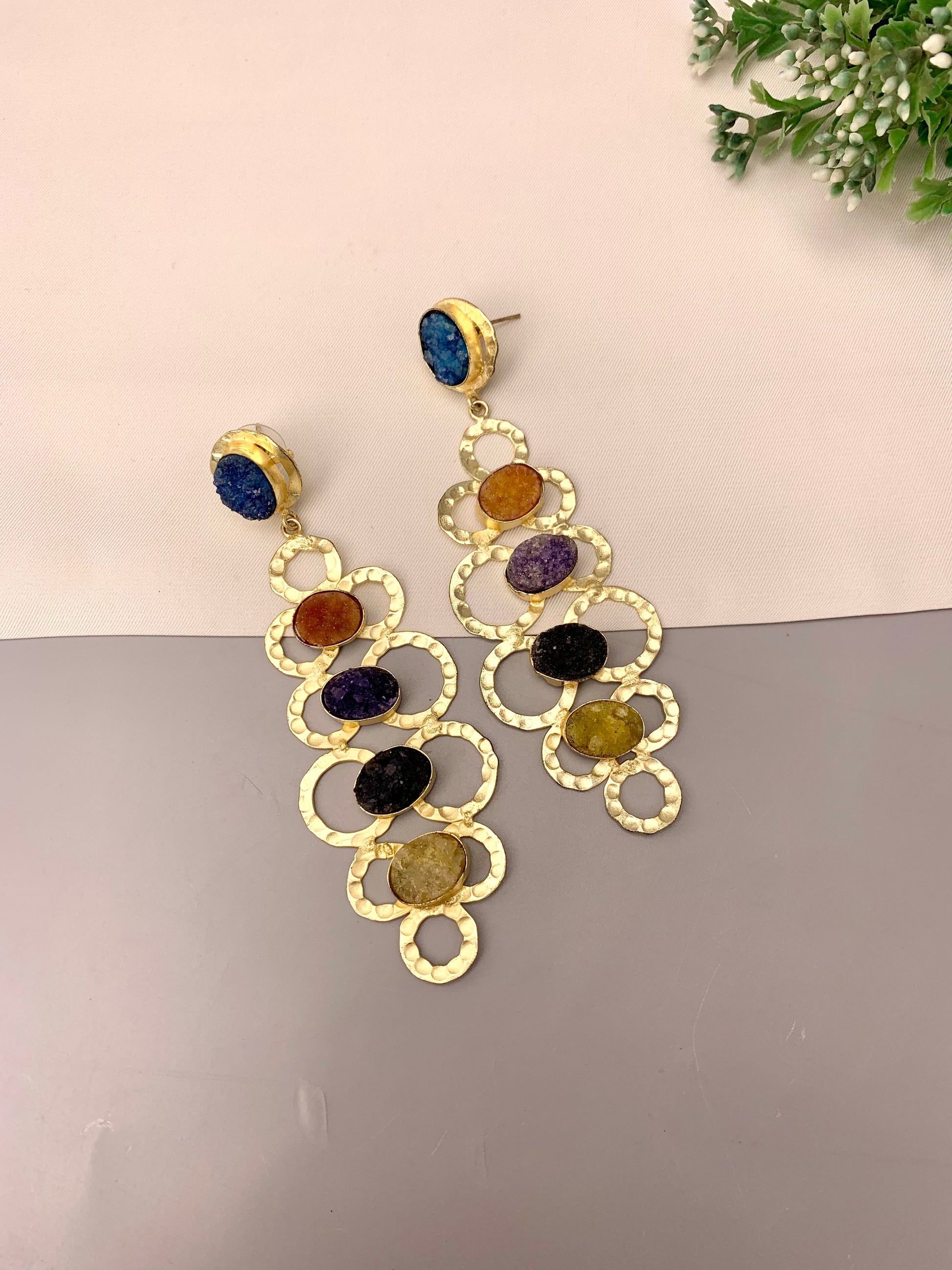 Maha handcrafted 22kt gold plated beaten brass earrings with semi-precious natural Druzee stones