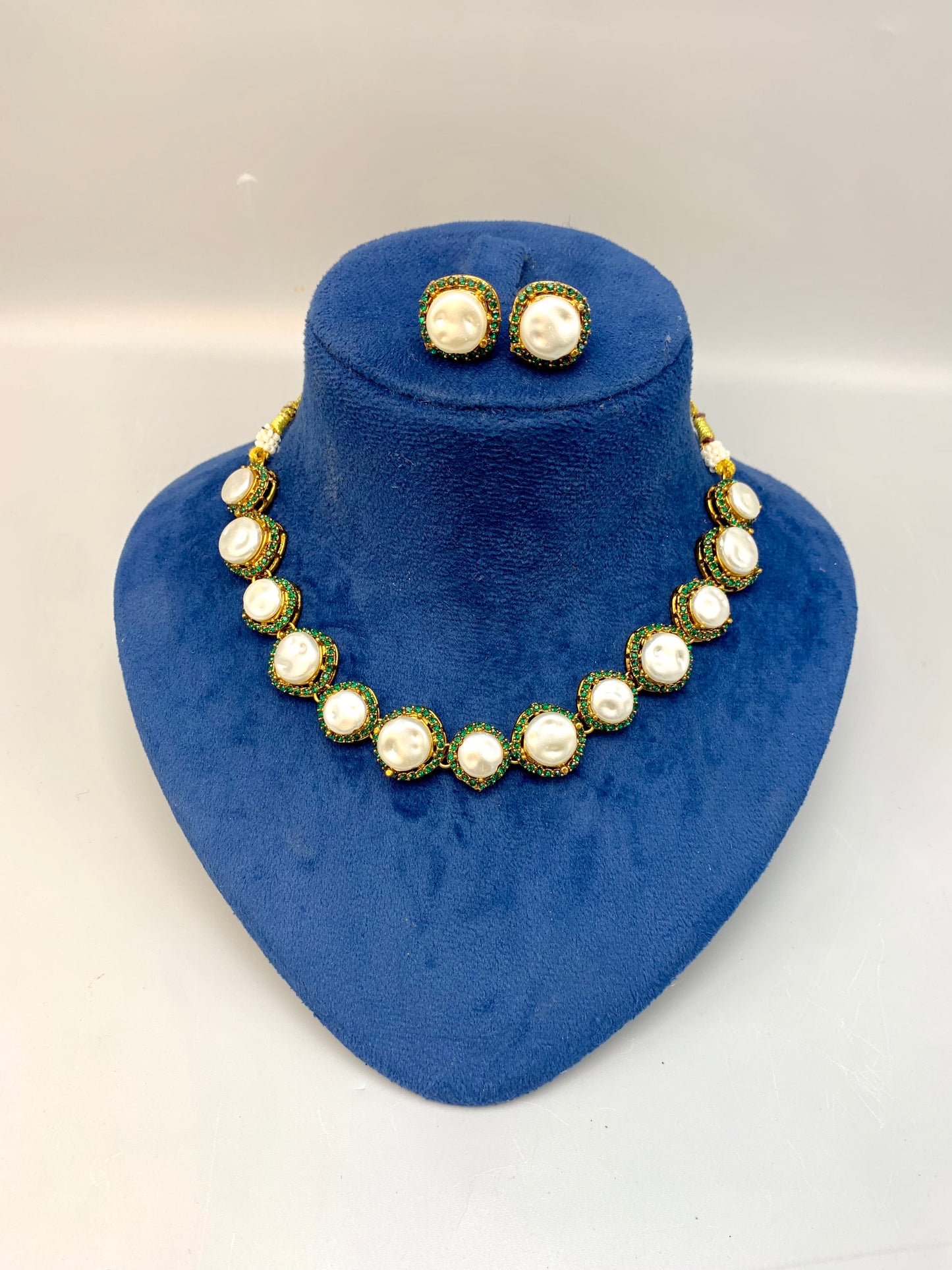 Maha handcrafted gold plated choker set with real baroque pearls and emerald gemstones