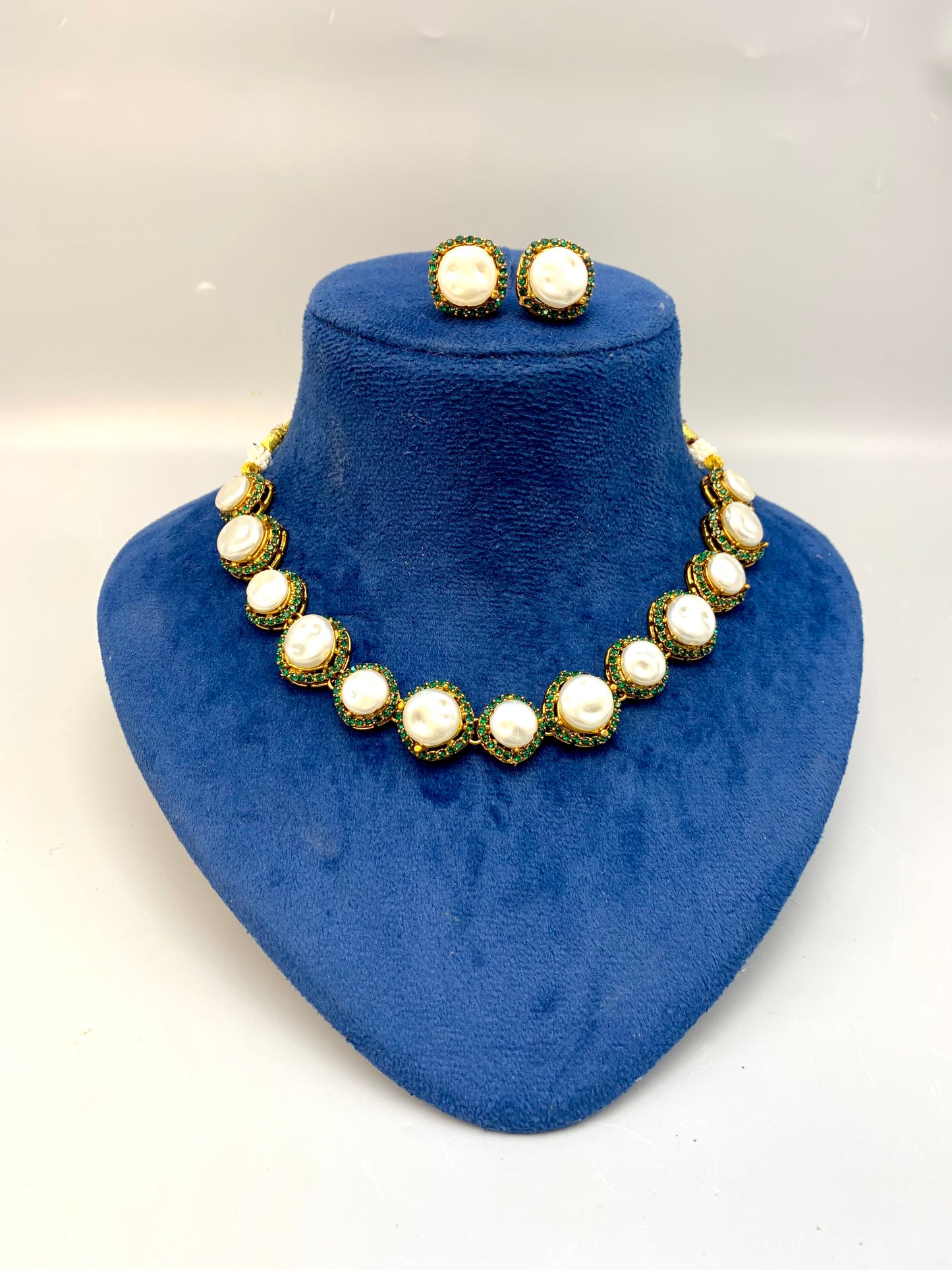 Maha handcrafted gold plated choker set with real baroque pearls and emerald gemstones