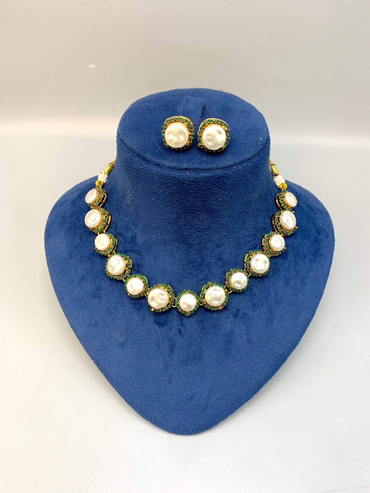 Maha handcrafted gold plated choker set with real baroque pearls and emerald gemstones