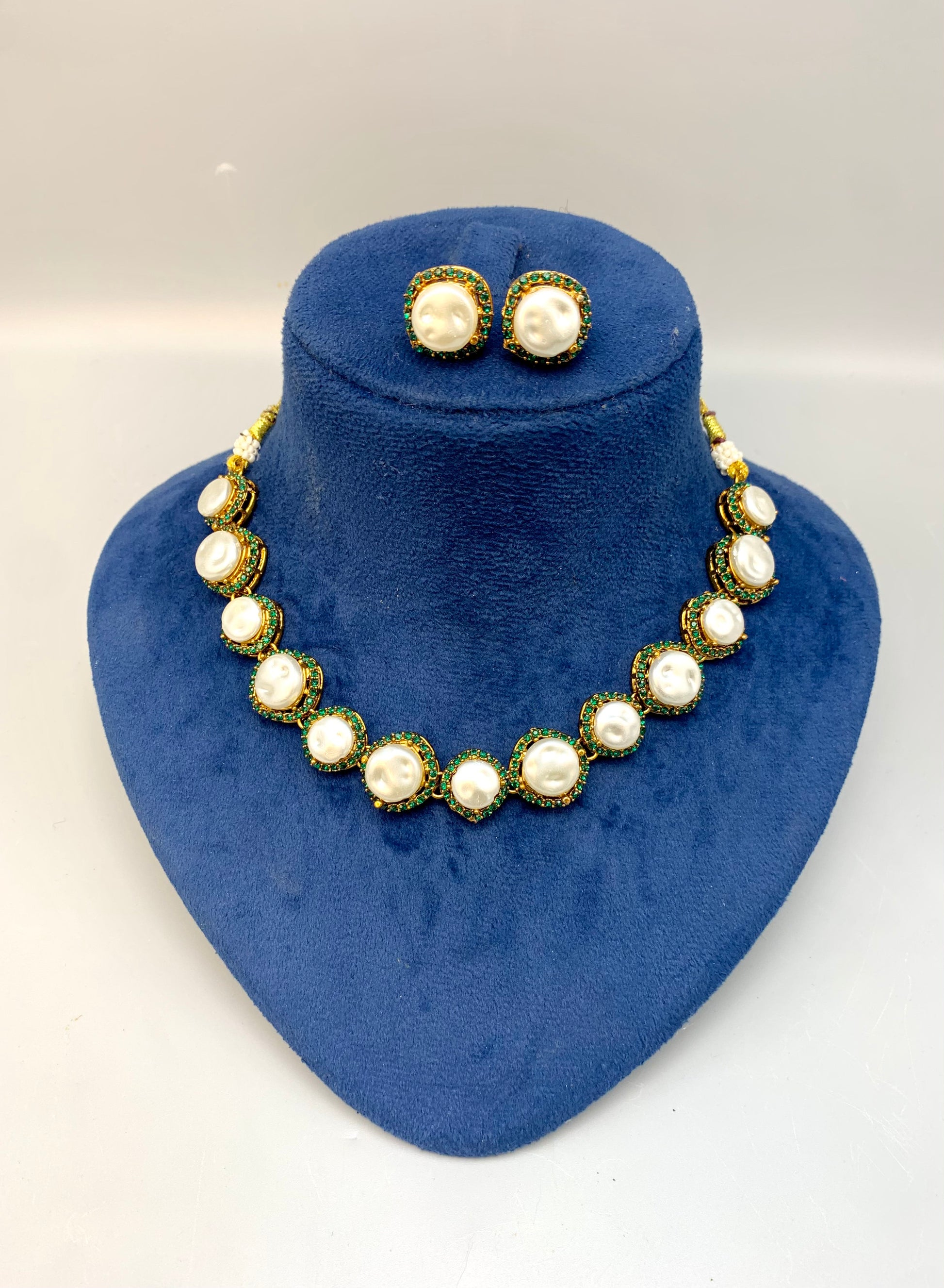 Maha handcrafted gold plated choker set with real baroque pearls and emerald gemstones