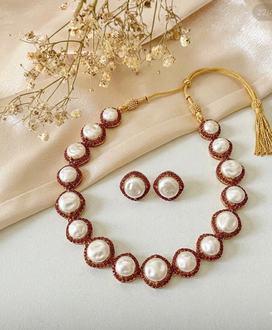 Maha handcrafted gold plated choker set with real baroque pearls and ruby gemstones