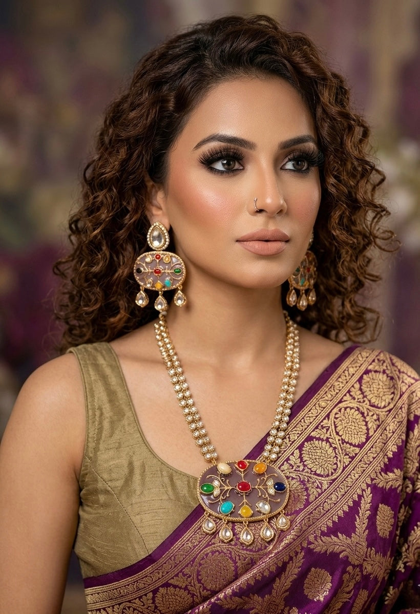 Mahnoor polki kundan nauratan maala set in 22kt gold plating with multi gemstone detailing