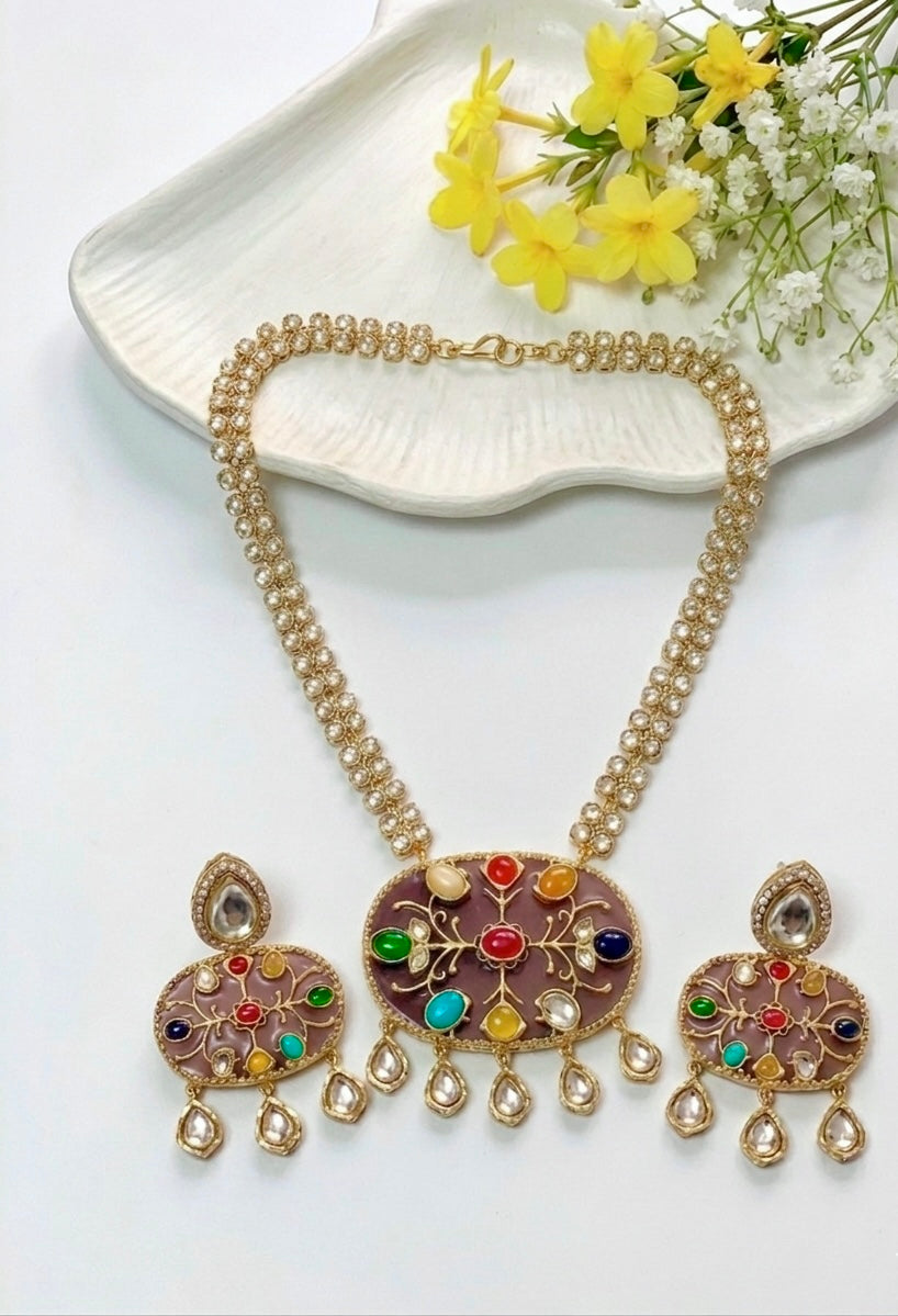 Mahnoor polki kundan nauratan maala set in 22kt gold plating with multi gemstone detailing