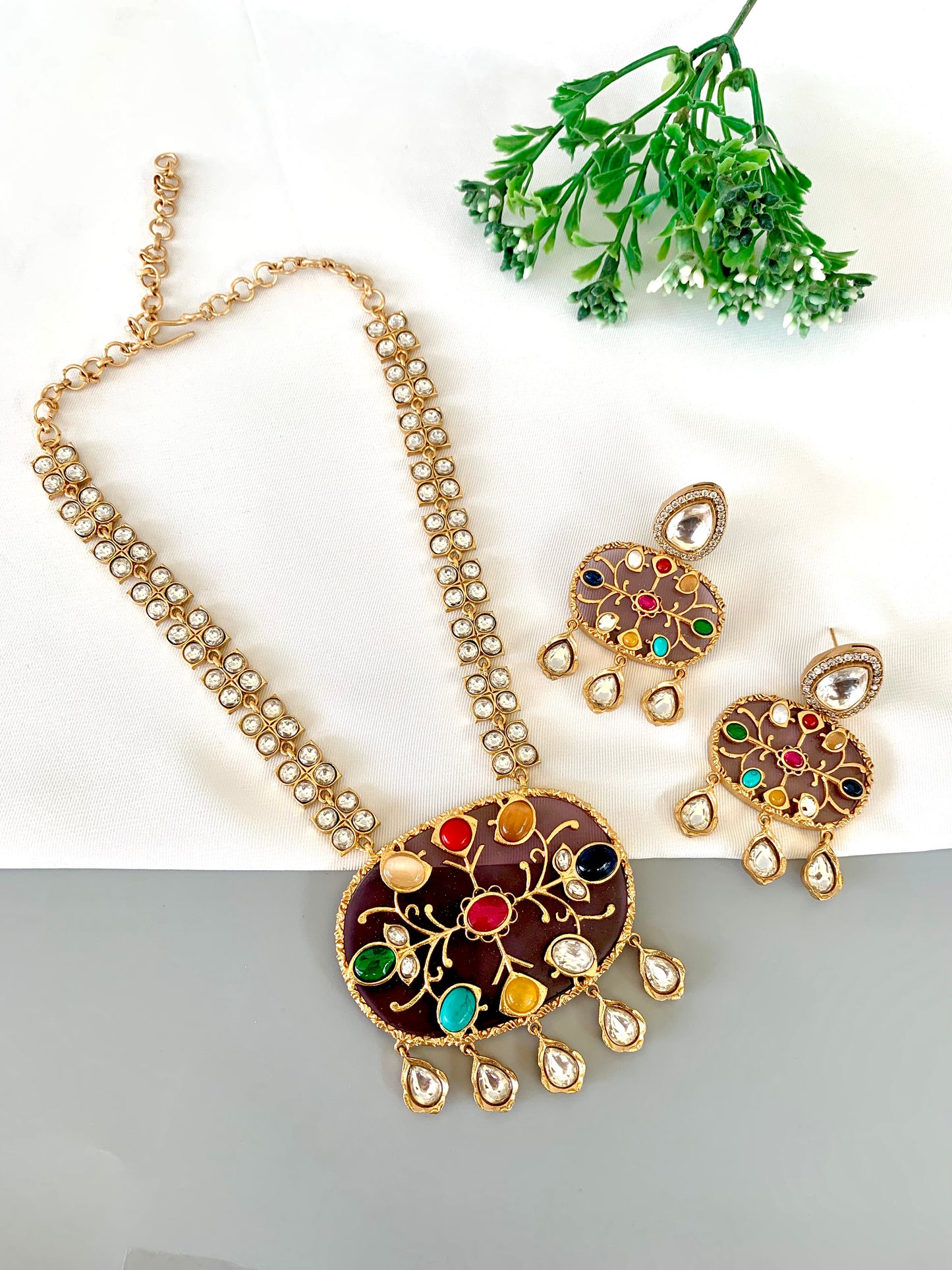 Mahnoor polki kundan nauratan maala set in 22kt gold plating with multi gemstone detailing