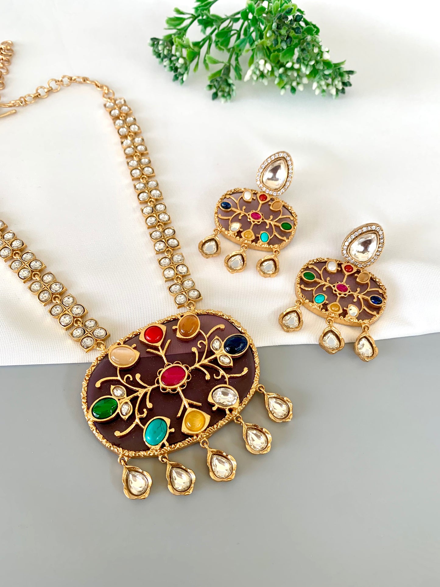 Mahnoor polki kundan nauratan maala set in 22kt gold plating with multi gemstone detailing