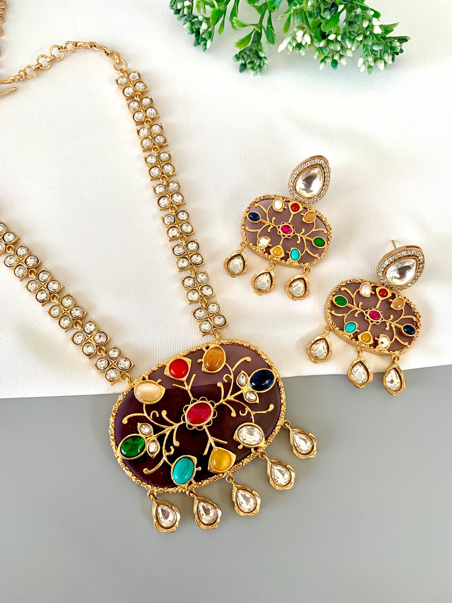 Mahnoor polki kundan nauratan maala set in 22kt gold plating with multi gemstone detailing