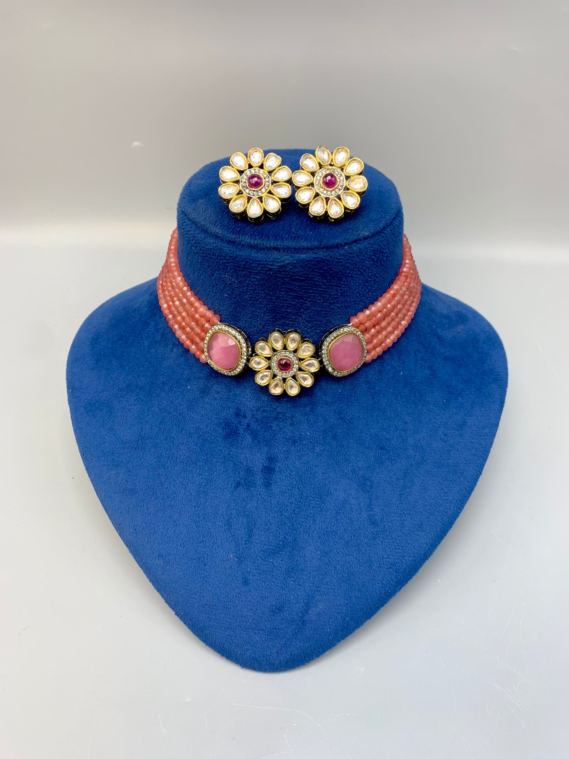 Mainah handcrafted Victorian gold plated choker set with American diamonds, Polki Kundan and semi-precious onyx
