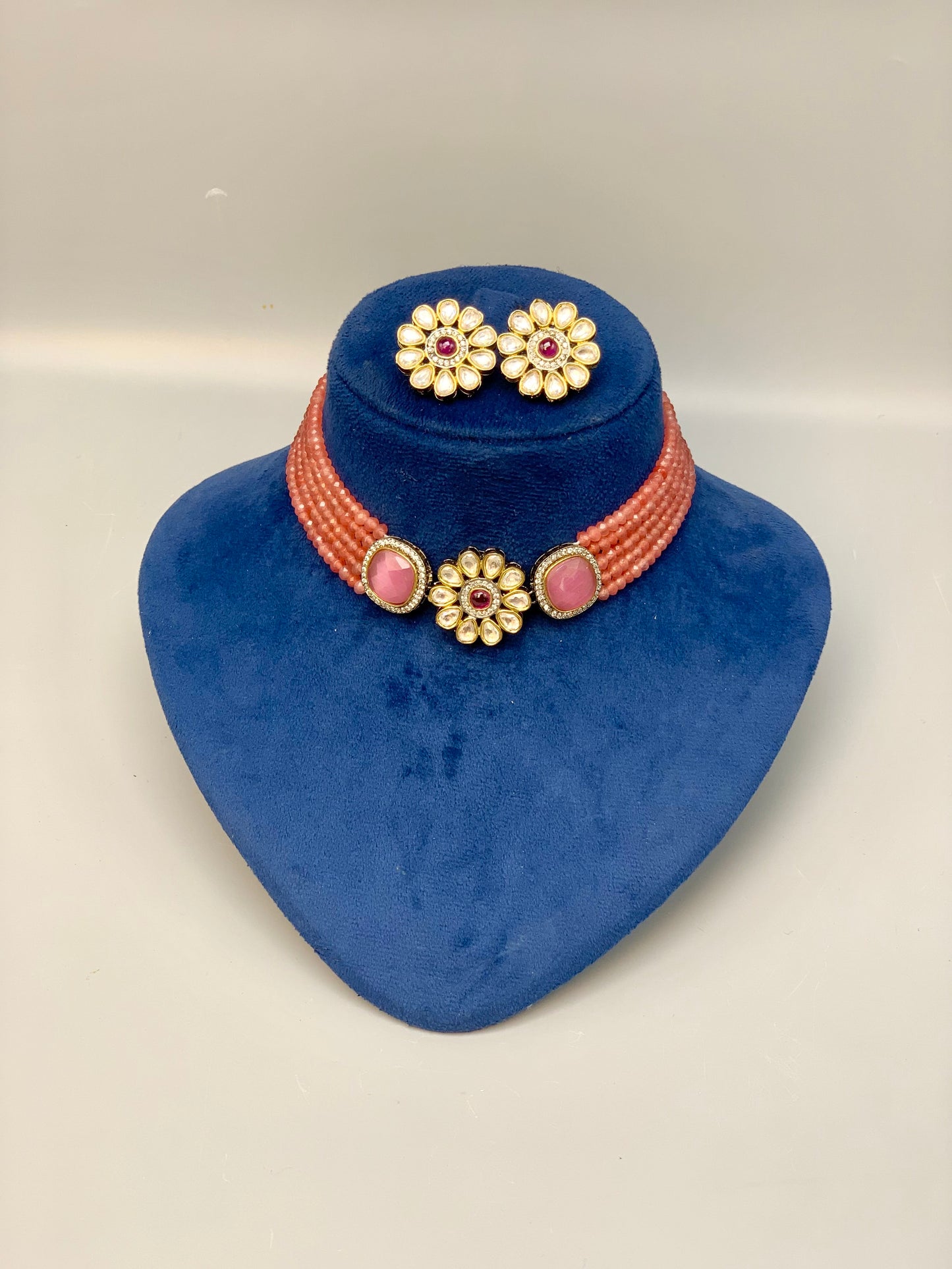 Mainah handcrafted Victorian gold plated choker set with American diamonds, Polki Kundan and semi-precious onyx