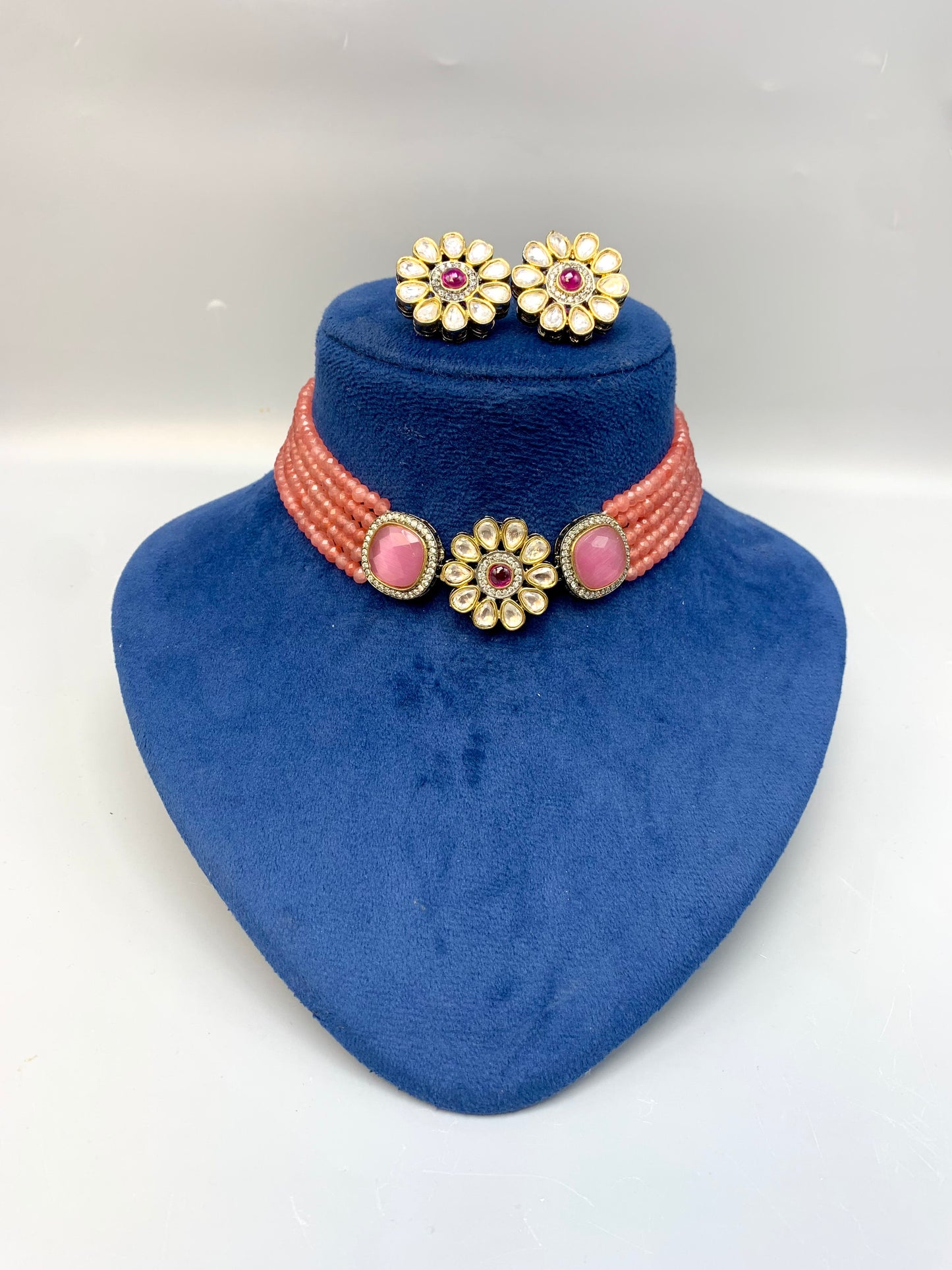 Mainah handcrafted Victorian gold plated choker set with American diamonds, Polki Kundan and semi-precious onyx