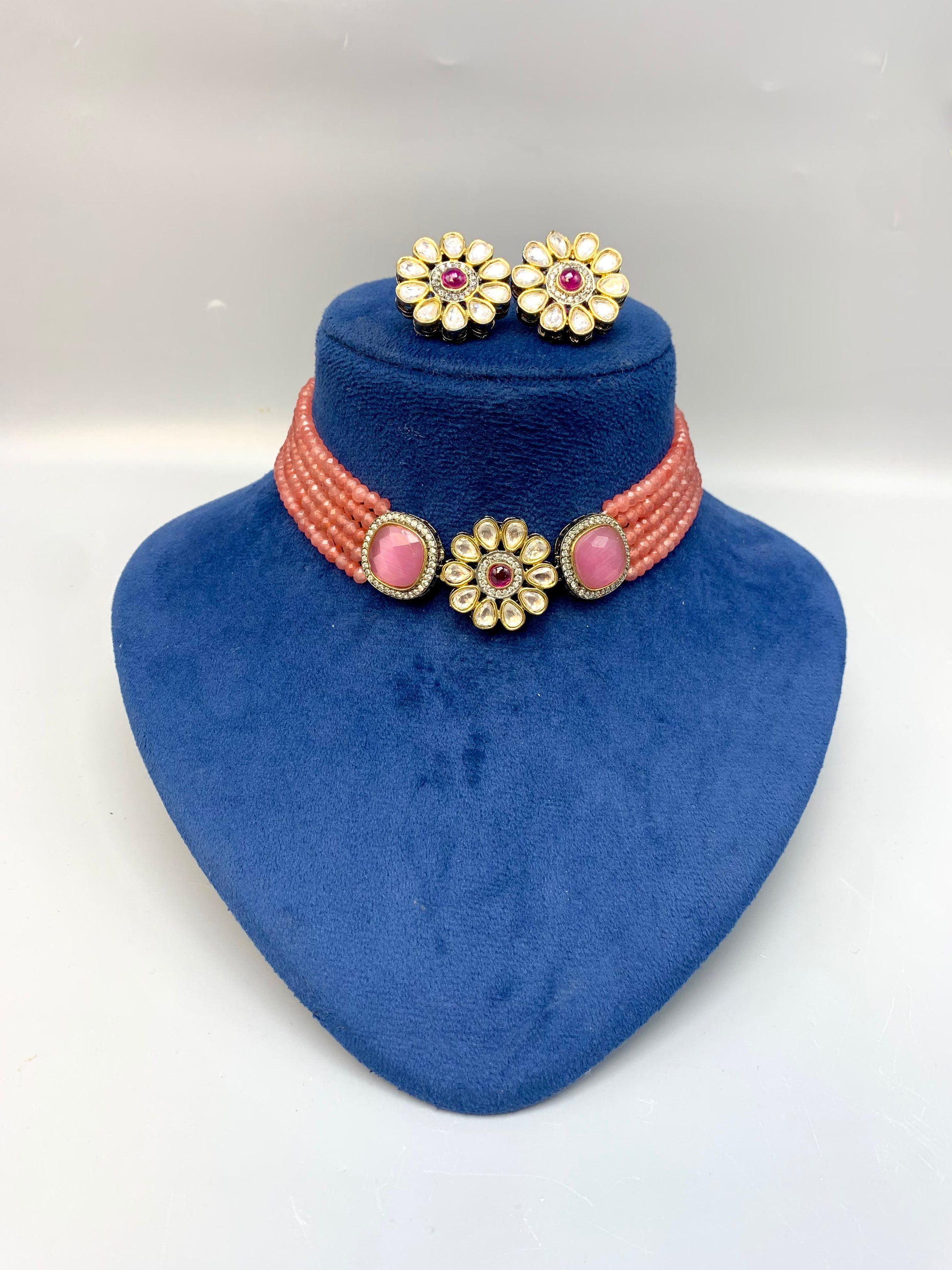 Mainah handcrafted Victorian gold plated choker set with American diamonds, Polki Kundan and semi-precious onyx