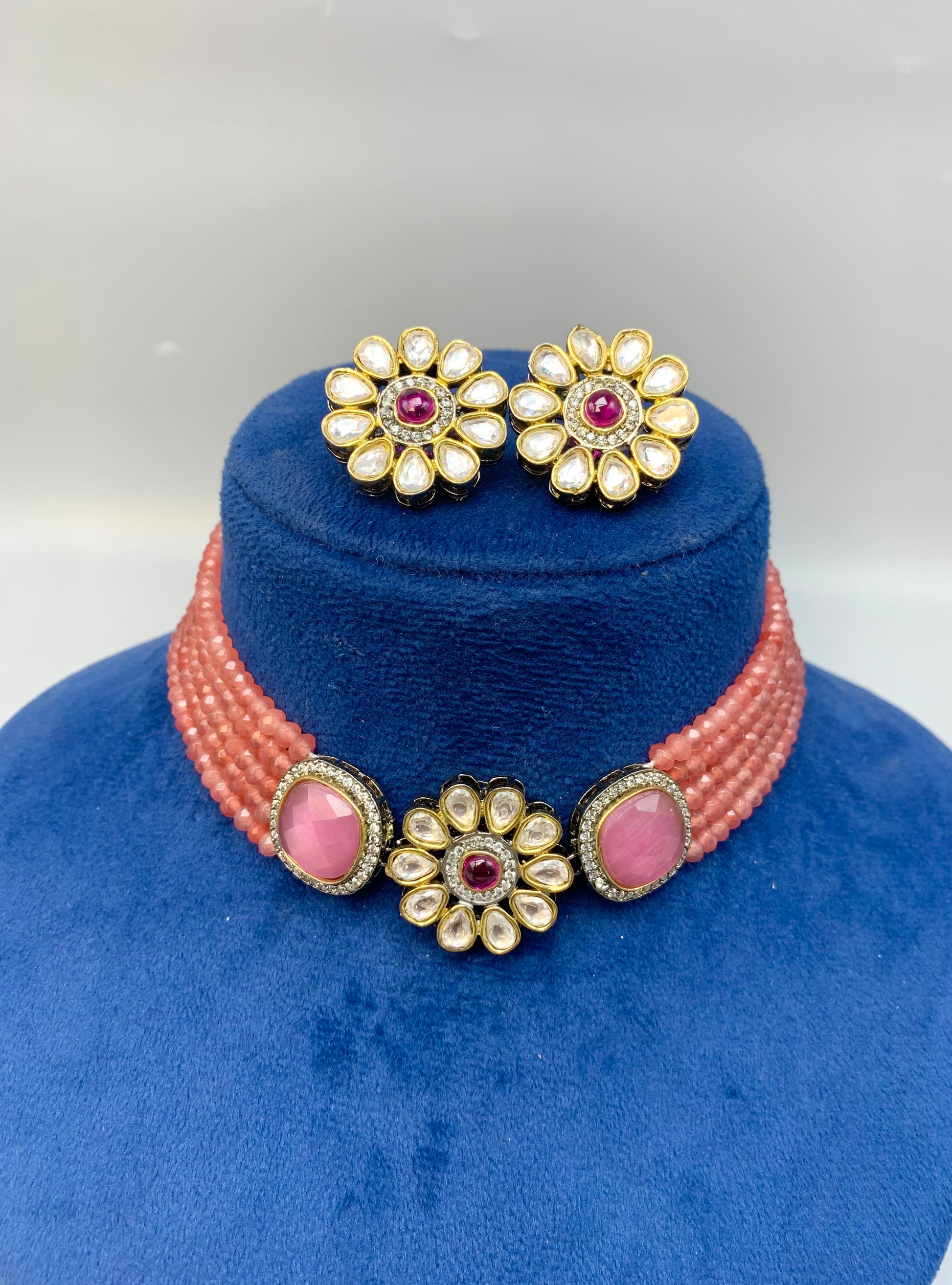 Mainah handcrafted Victorian gold plated choker set with American diamonds, Polki Kundan and semi-precious onyx