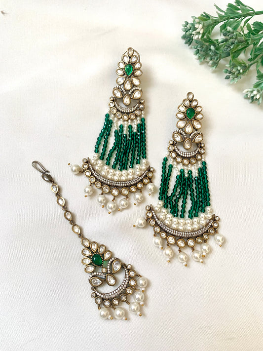 Marina Emerald Earrings and Tikka Set with Green Stones – Zamal Jewels