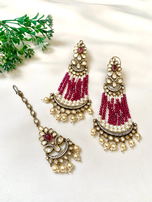 Marina Ruby Earrings and Tikka Set with Polki Kundan and Pearls – Zamal Jewels