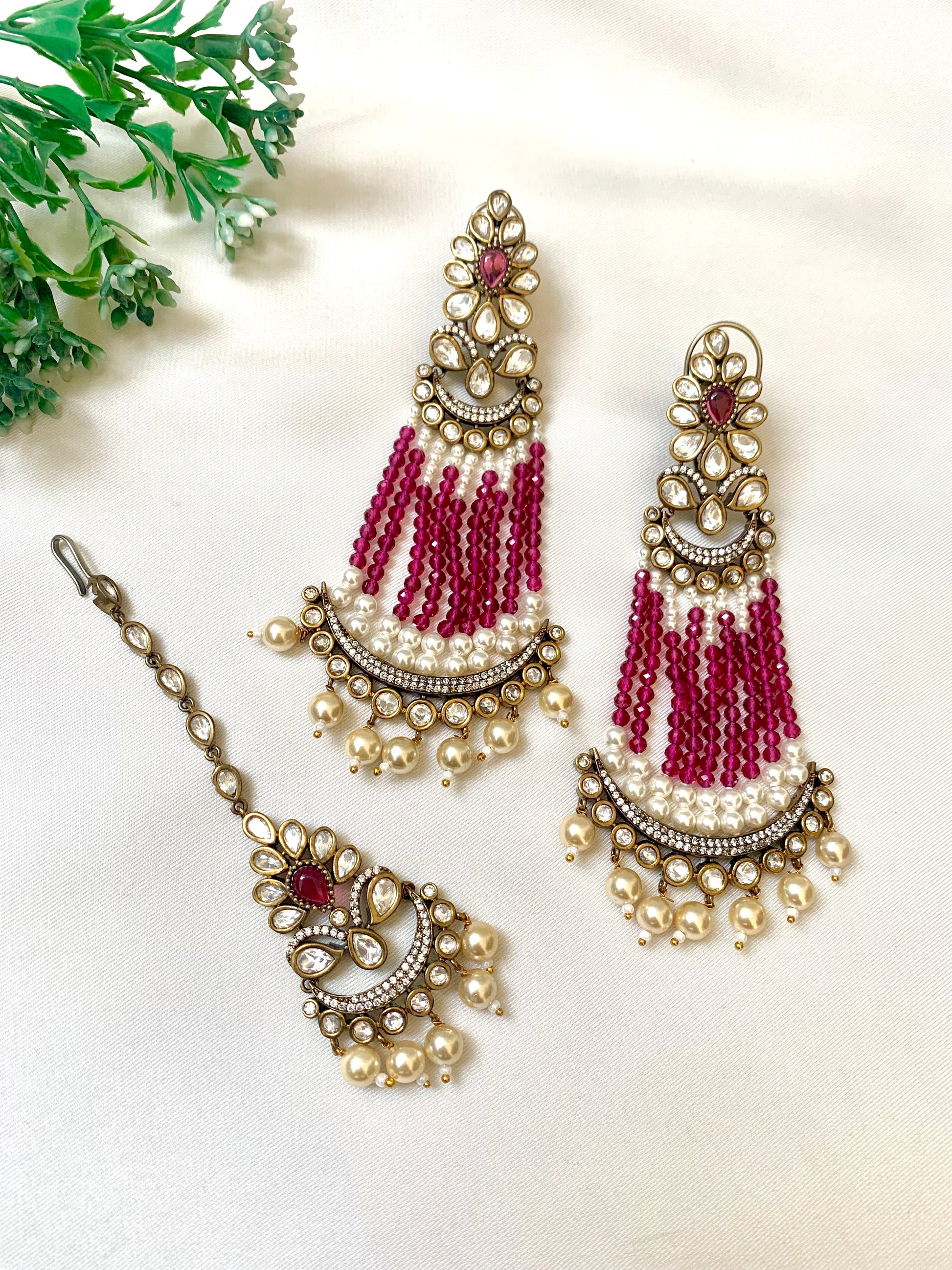 Handcrafted Ruby and Pearl Jhoomar Earrings with Matching Tikka