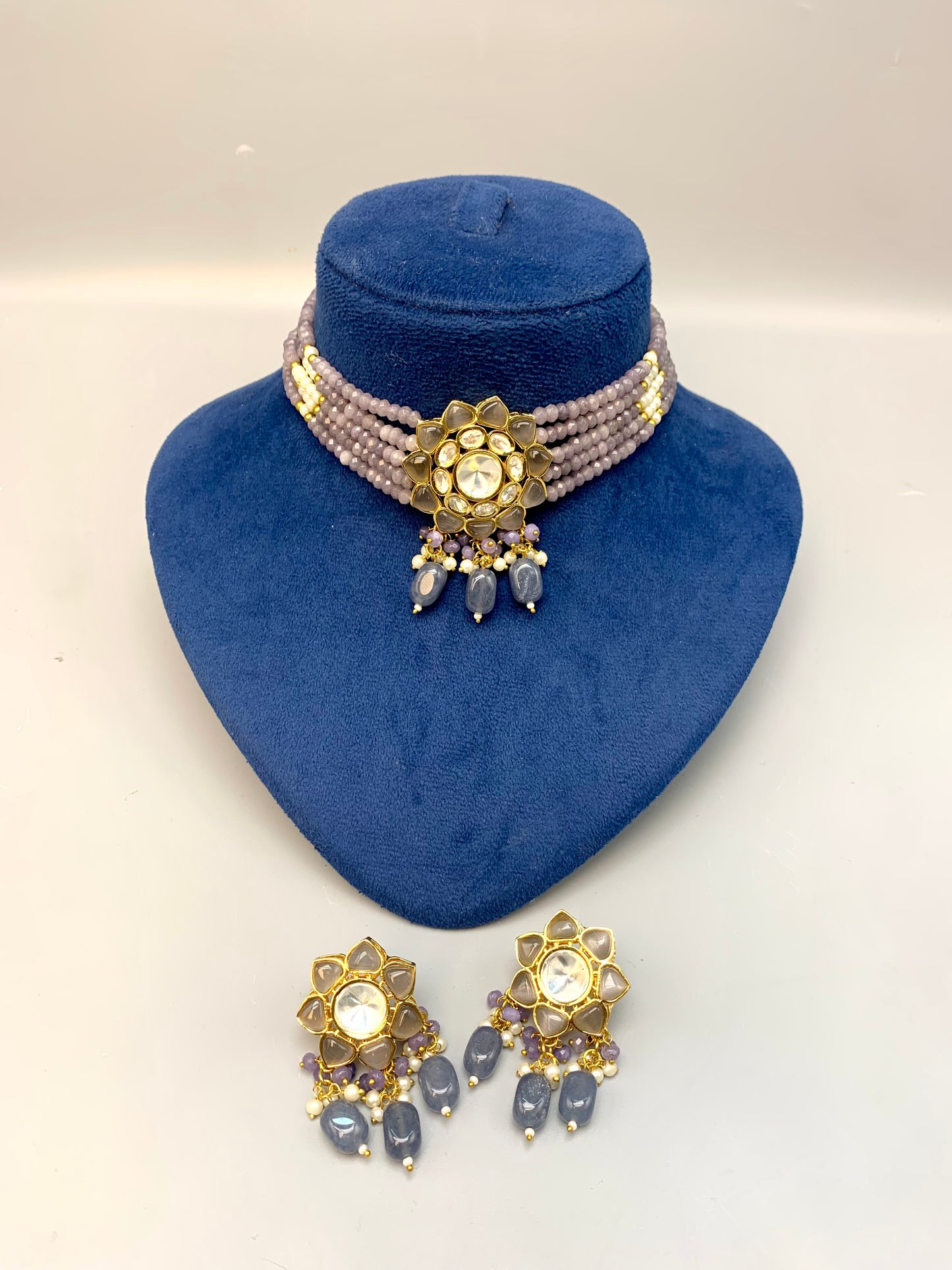 Mayra handcrafted 22kt gold plated choker set with Polki Kundan, semi-precious pearls and amethyst