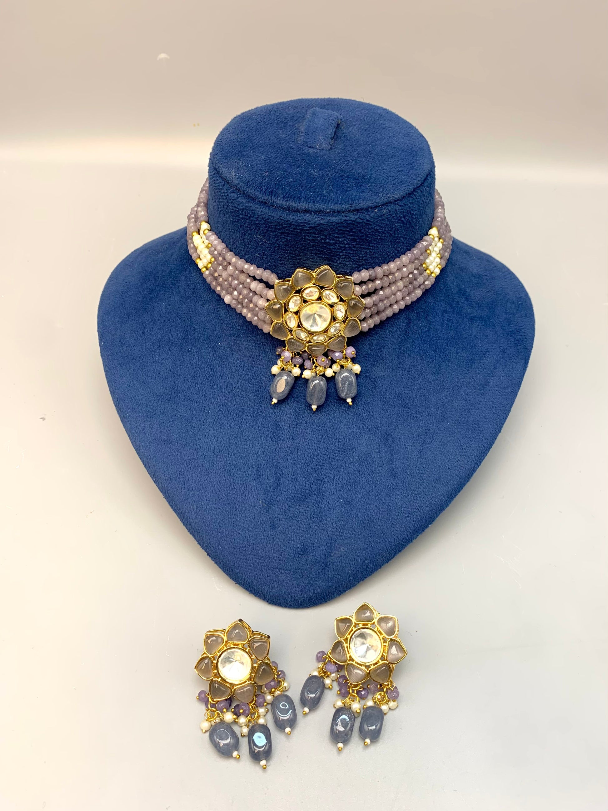 Mayra handcrafted 22kt gold plated choker set with Polki Kundan, semi-precious pearls and amethyst