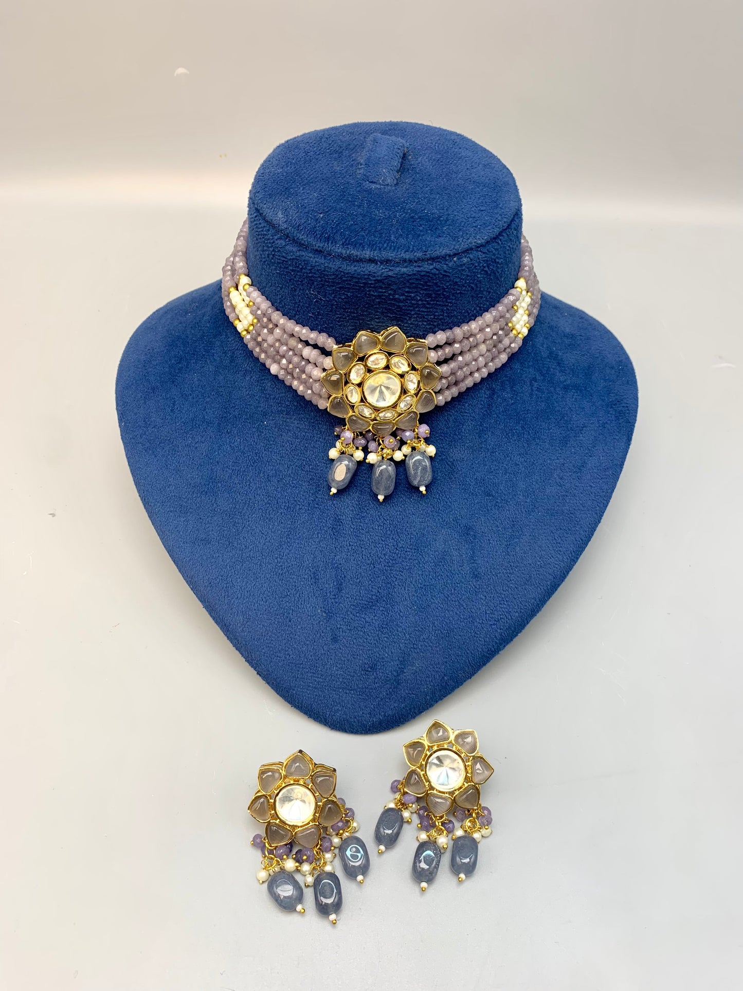 Mayra handcrafted 22kt gold plated choker set with Polki Kundan, semi-precious pearls and amethyst