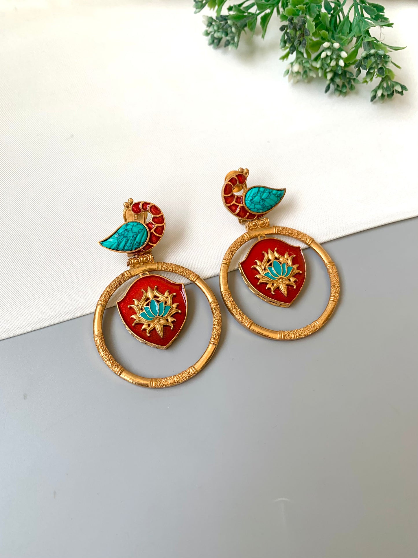 Mayura Feroza peacock designer earrings in Victorian gold plating with hand painted meena
