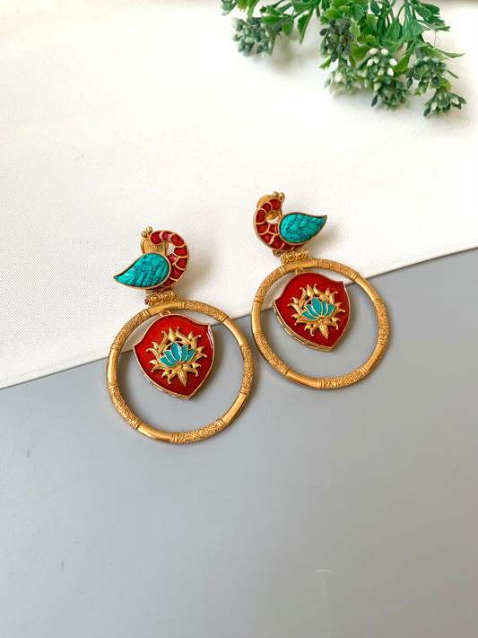 Mayura Feroza peacock designer earrings in Victorian gold plating with hand painted meena