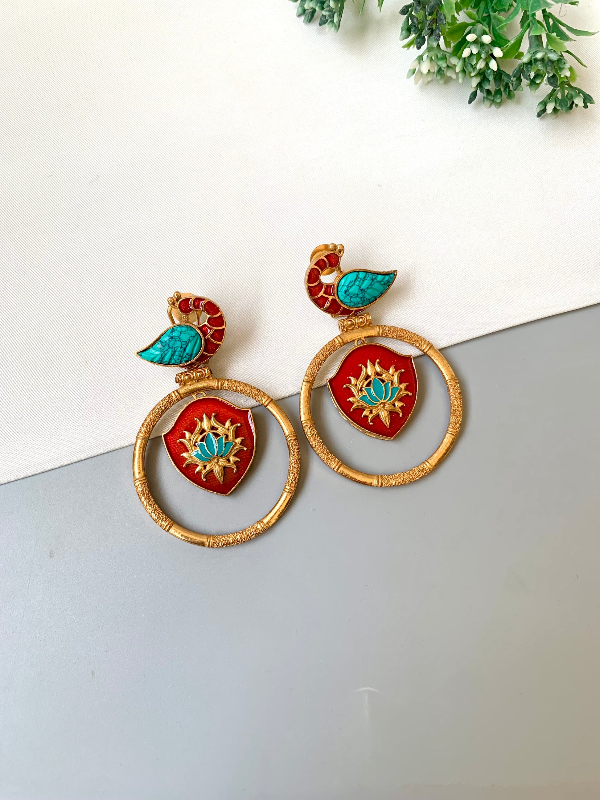 Mayura Feroza peacock designer earrings in Victorian gold plating with hand painted meena