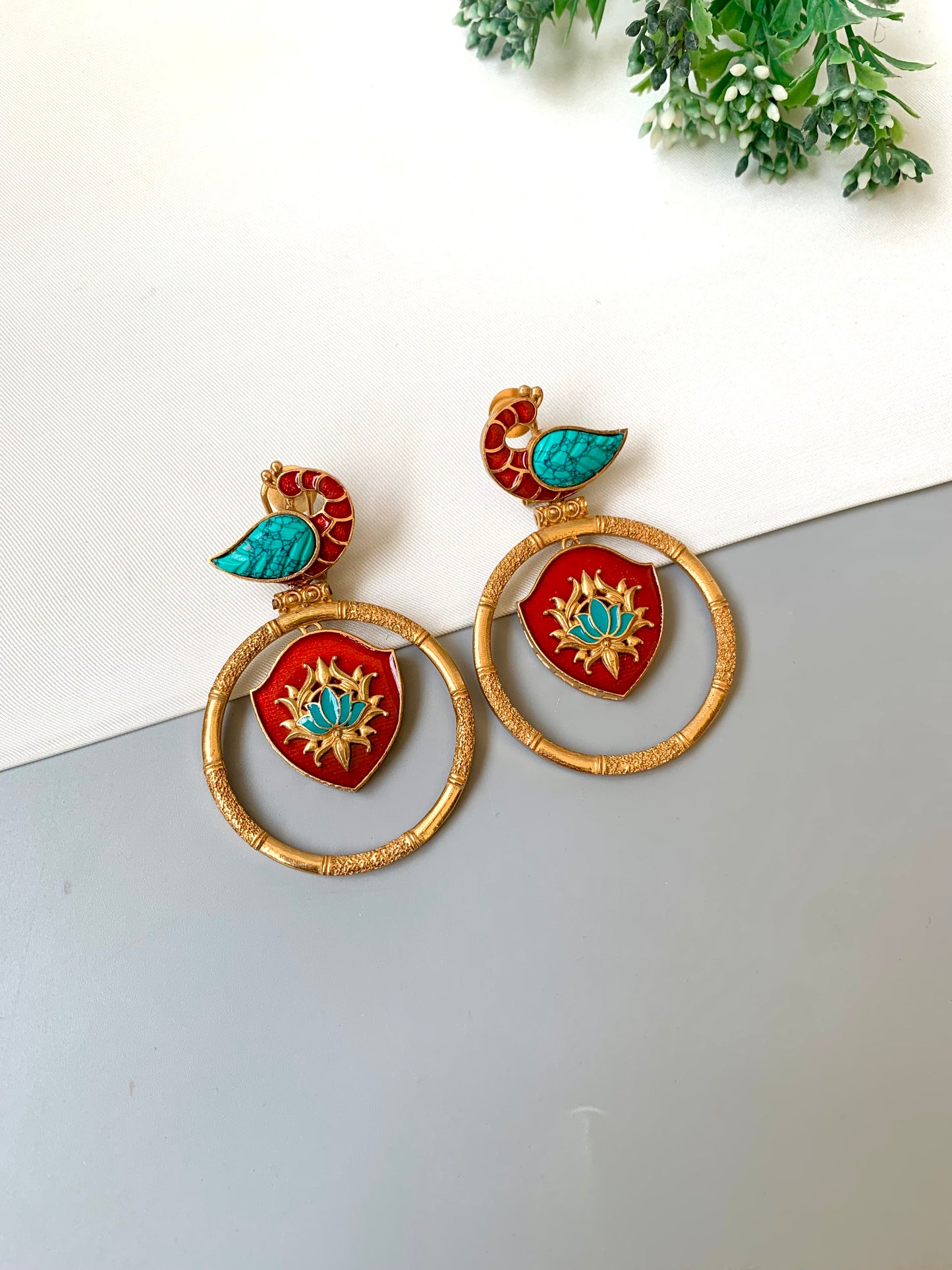 Mayura Feroza peacock designer earrings in Victorian gold plating with hand painted meena