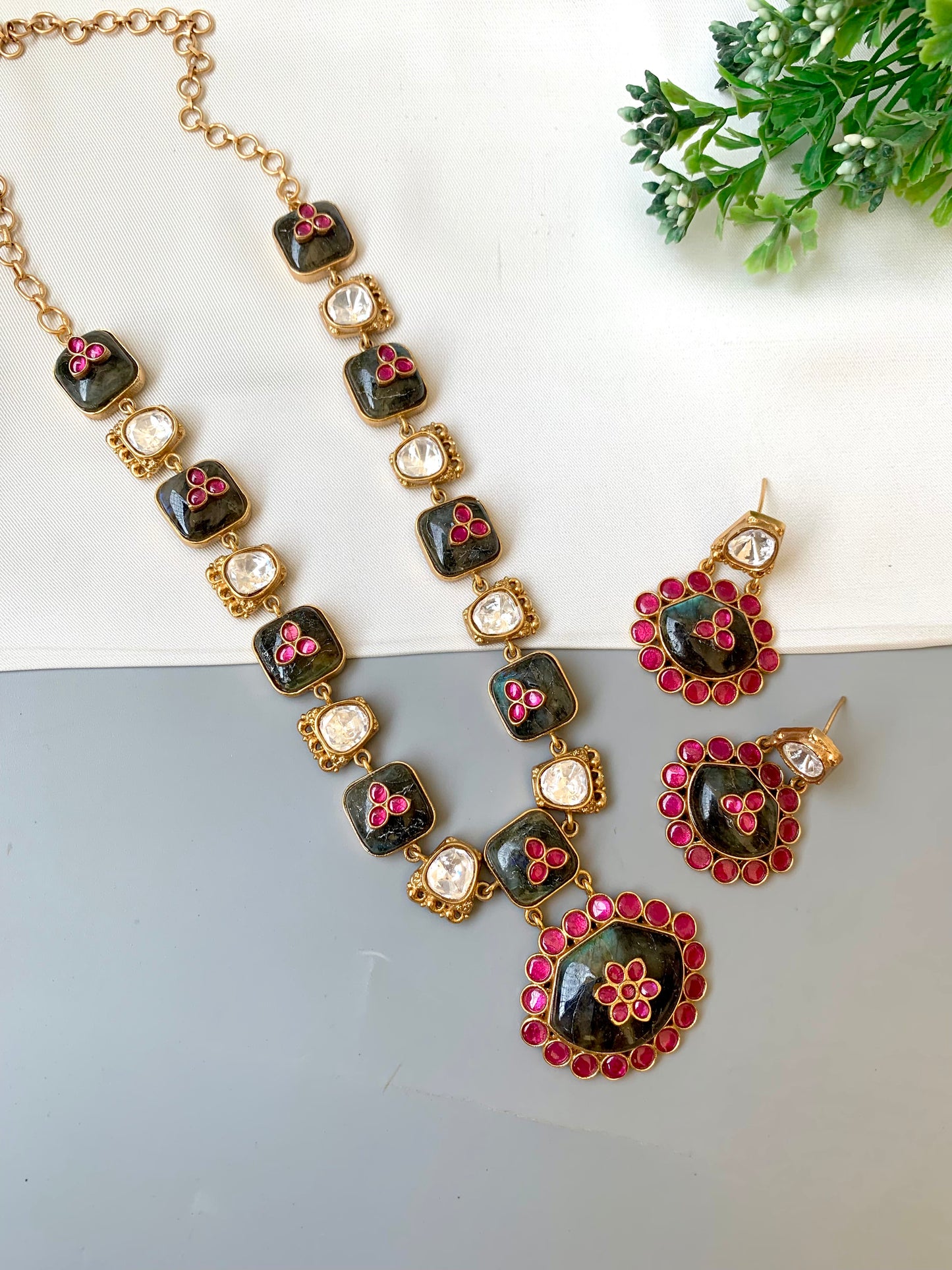 Meher Moonstone signature maala set in Victorian gold plating with moonstone, ruby and moissanite kundan