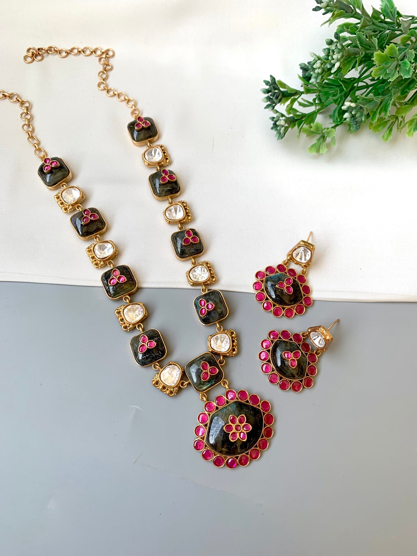Meher Moonstone signature maala set in Victorian gold plating with moonstone, ruby and moissanite kundan