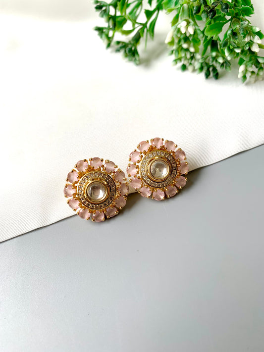 Handcrafted 22kt Rose Gold studs with pastel pink Polki Kundan and American Diamonds, front view on white background.