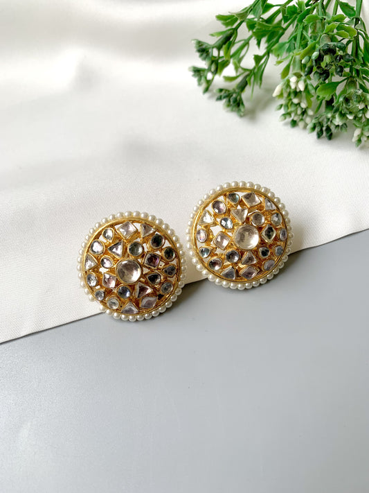 Handcrafted round Pachi Kundan studs with pearls in 22kt gold plating front view
