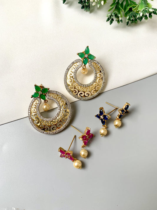 Changeable earrings with semi-precious Ruby, Emerald, Sapphire, and Pearls; detachable baali design from Zamal Jewels