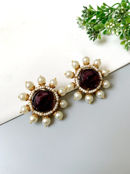 Mehr Oversized Stud Earrings with carved amethyst center and pearl drops in floral sunburst design