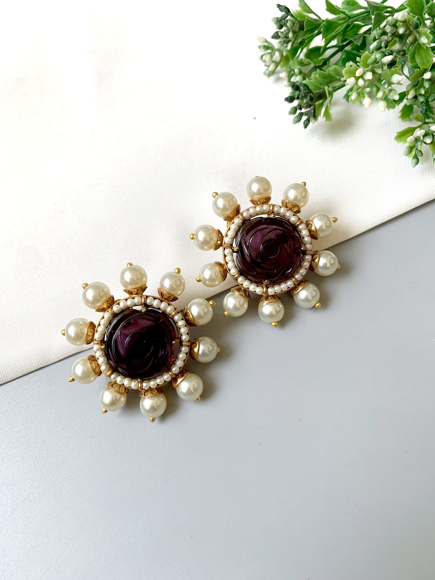 22kt gold plated oversized studs featuring amethyst and pearl accents in handcrafted statement style