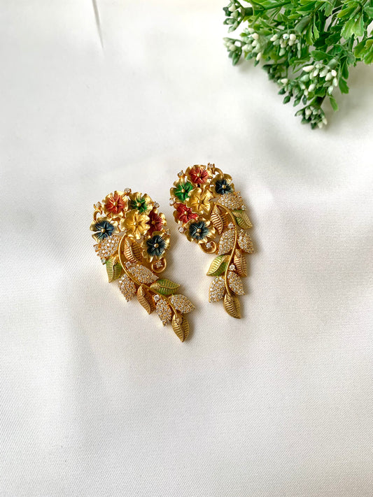 Floral meena earrings with American diamonds in 22kt gold plating