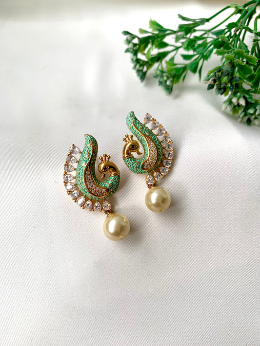 Handcrafted Mehvira Earrings in Mint Meena with Semi-Precious Pearl drop and American Diamonds by Zamal Jewels
