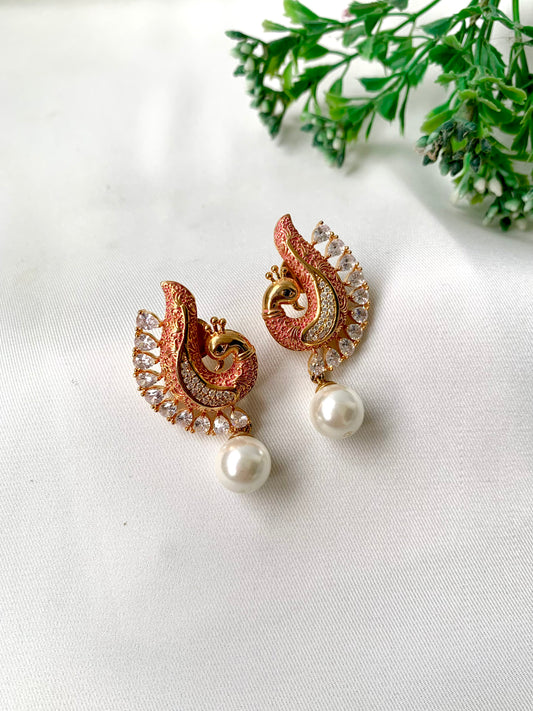 Handcrafted Mehvira Earrings in Pink Meena with Semi-Precious Pearl drop and American Diamonds by Zamal Jewels